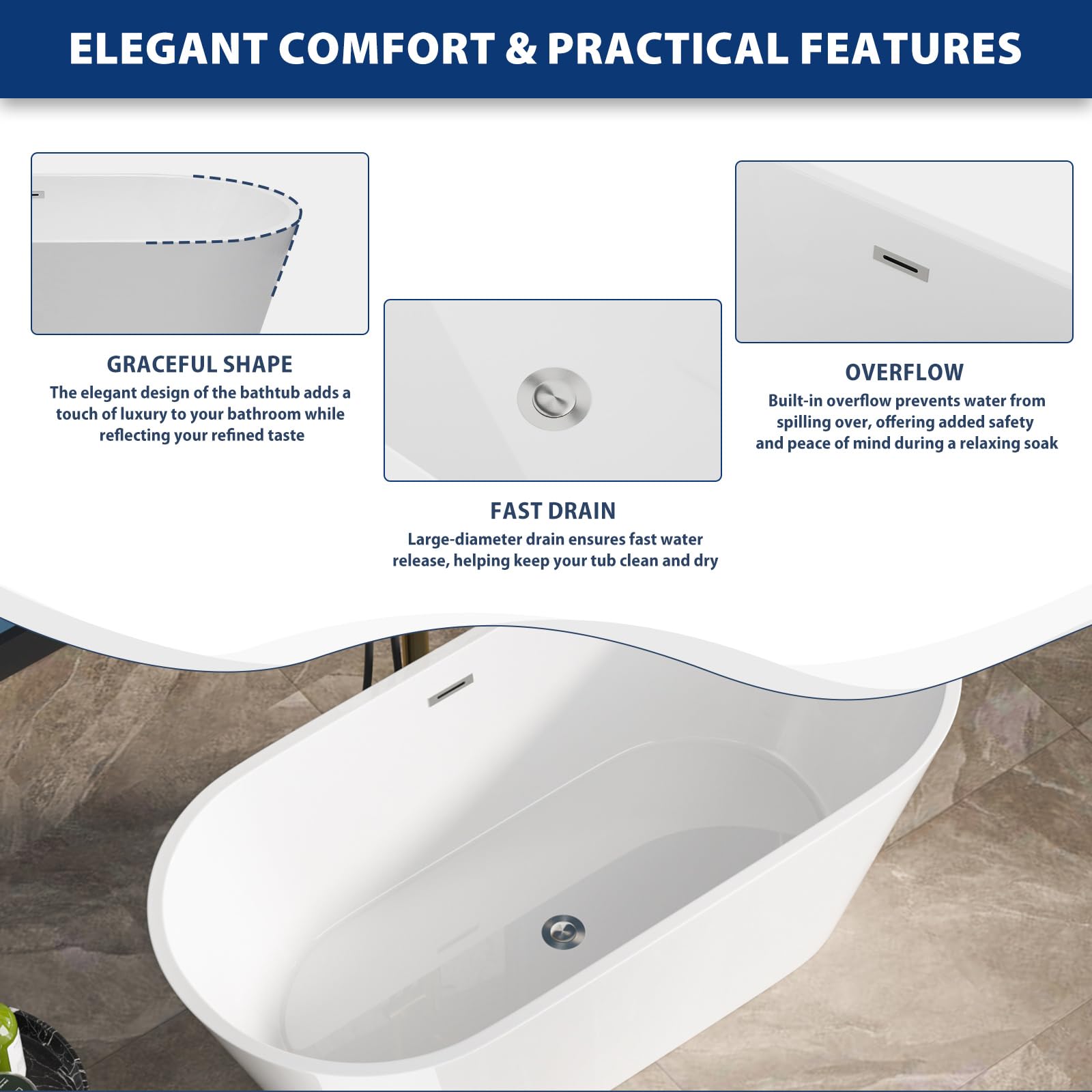 Sarlai Modern Oval White Acrylic Freestanding Bathtub