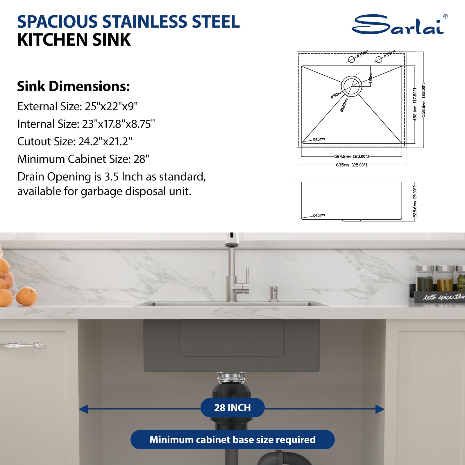 Sarlai 25''x22'' Deep Drop-In Stainless Steel Kitchen Sink, 16 Gauge Topmount Single Bowl with Cup Rinser, Soap Dispenser & Faucet