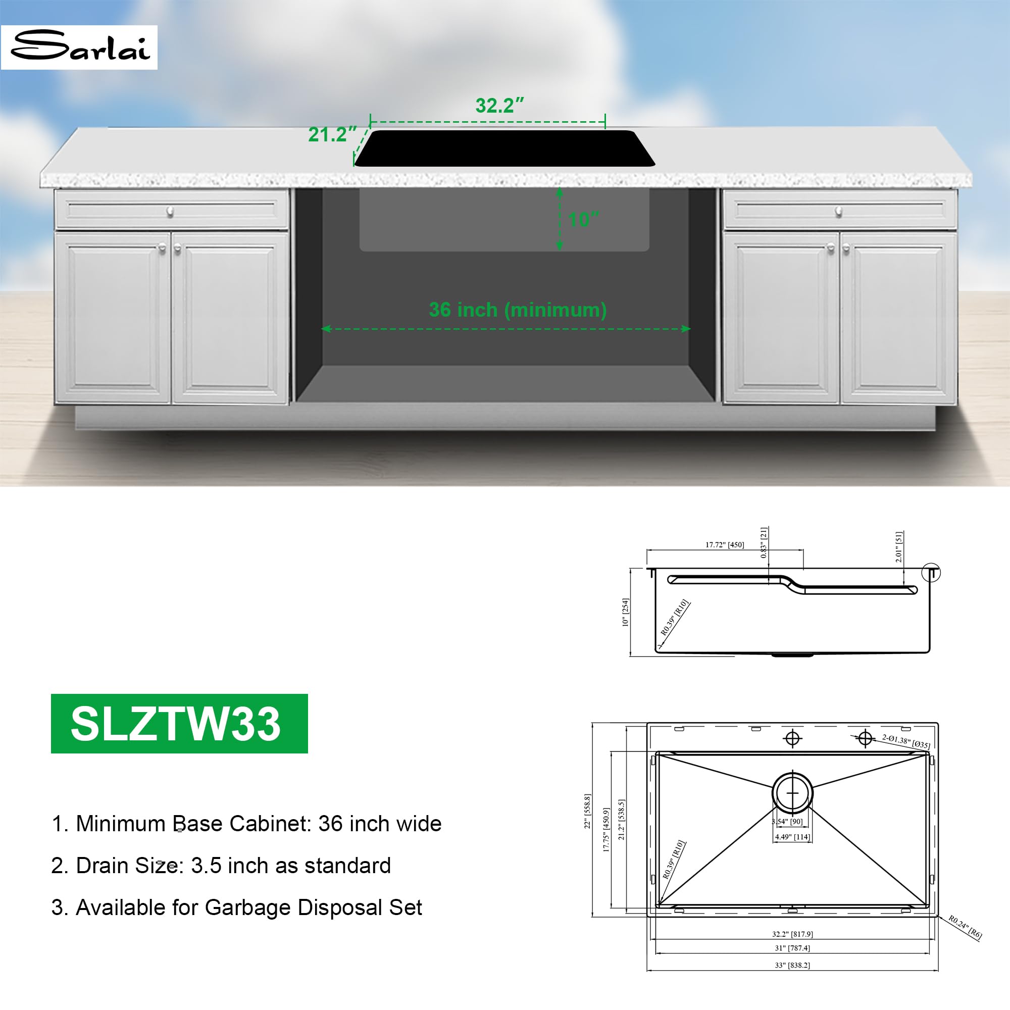Sarlai 33'' x 22'' Drop In Single Bowl Stainless Steel Workstation Kitchen Sink with Z Shape Ledge