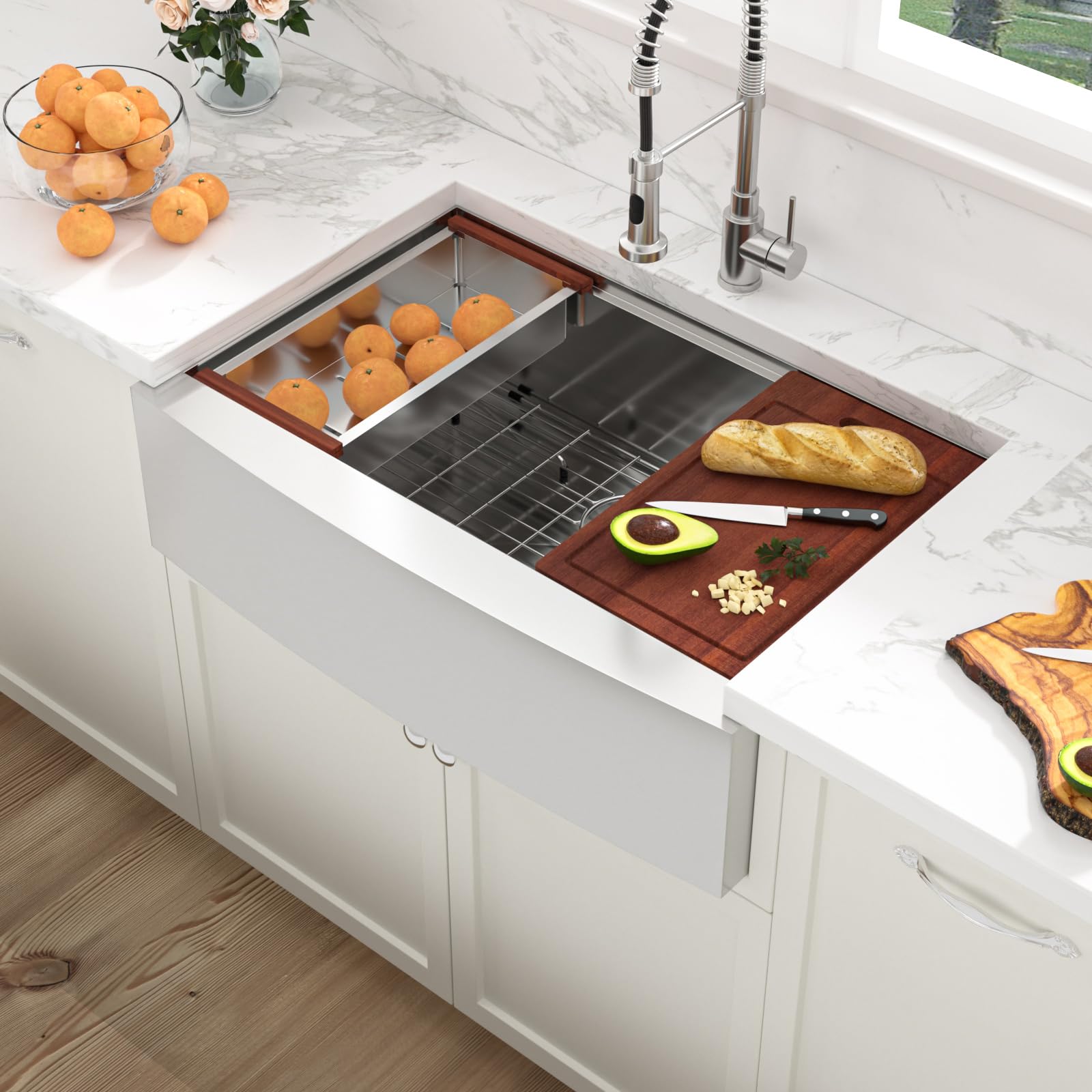 Sarlai 33in Apron Front Single Bowl Workstation Stainless Steel Farmhouse Kitchen Sink Secondary image