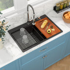 Sarlai 33''x22'' 60/40 Low Divide Double Bowl Black Granite Composite Kitchen Sink, Drop-In Ledge Workstation Quartz Composite Above Counter Basin