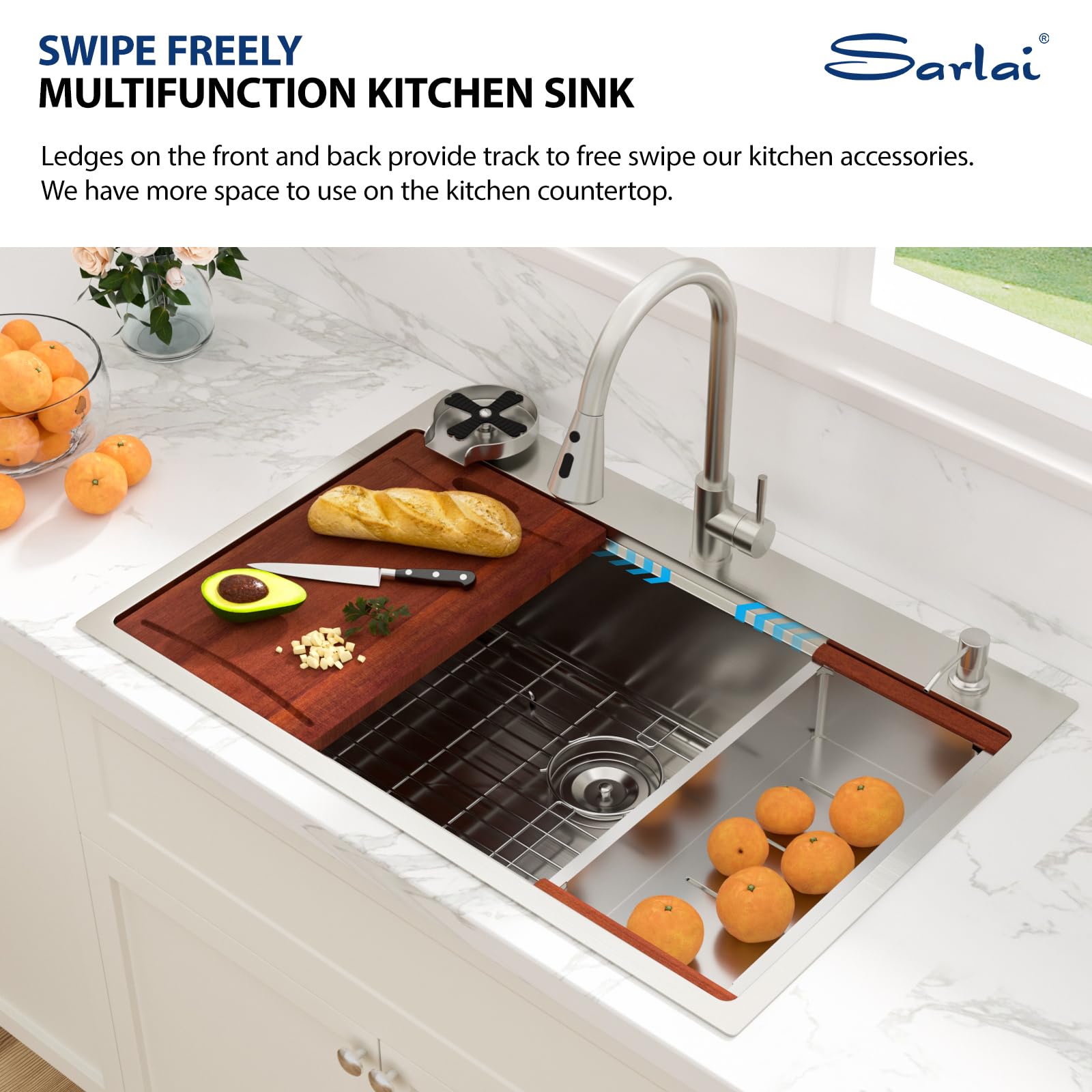 Sarlai 33''x22'' Drop-In Workstation Stainless Steel Sink, 16 Gauge Topmount Single Bowl with Cup Rinser, Soap Dispenser & Kitchen Faucet