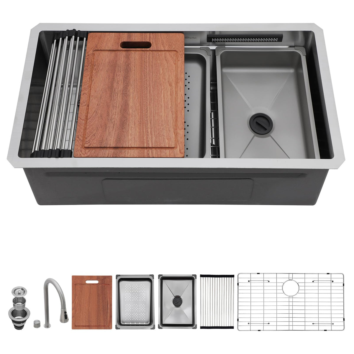 Sarlai 33'' Waterfall Undermount Workstation Kitchen Sink, 16 Gauge Stainless Steel Multifunction Single Bowl Basin with Matching Faucet Main image