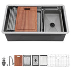 Sarlai 33'' Waterfall Undermount Workstation Kitchen Sink, 16 Gauge Stainless Steel Multifunction Single Bowl Basin with Matching Faucet