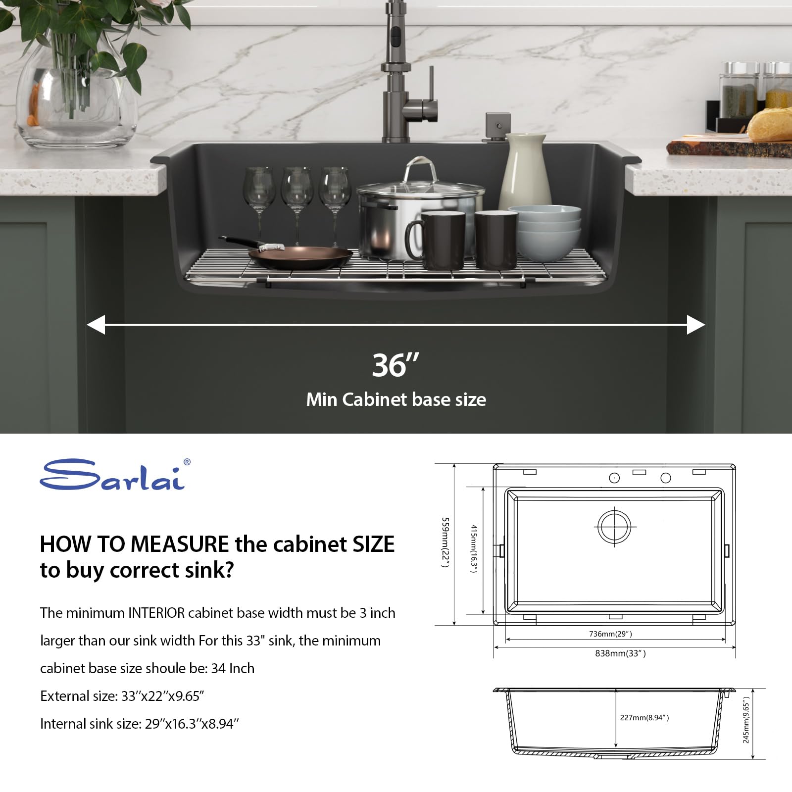 Sarlai 33in Drop In Matte Black Single Bowl Granite Quartz Composite Kitchen Sink