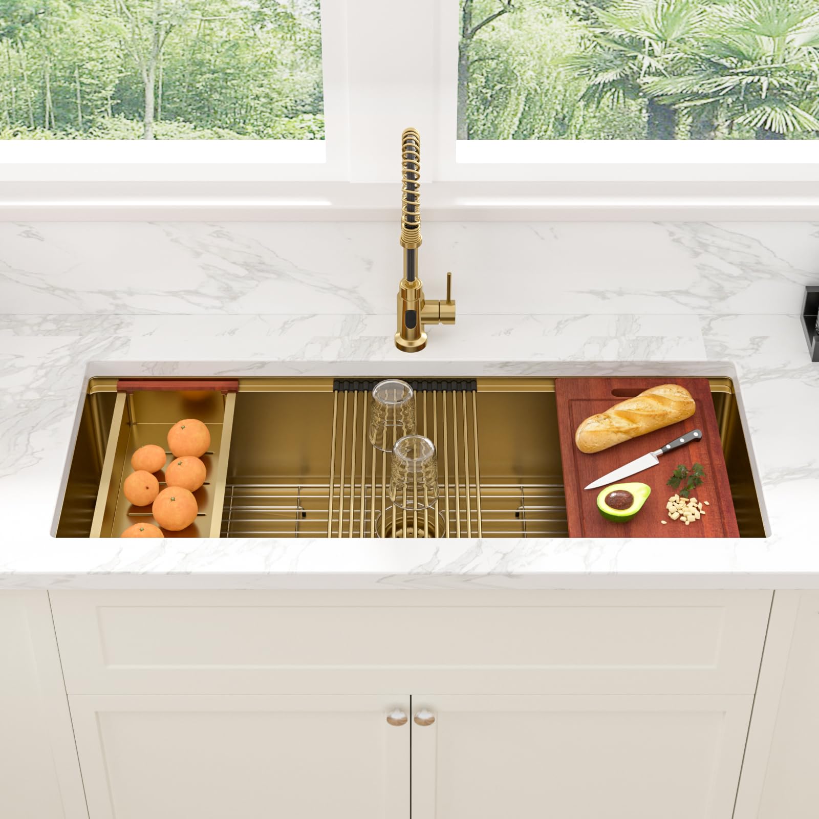Sarlai 45'' Gold NANO-Tech Undermount Workstation Kitchen Sink, 16 Gauge Stainless Steel Round Corner Single Bowl Basin Secondary image