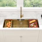 Sarlai 45'' Gold NANO-Tech Undermount Workstation Kitchen Sink, 16 Gauge Stainless Steel Round Corner Single Bowl Basin
