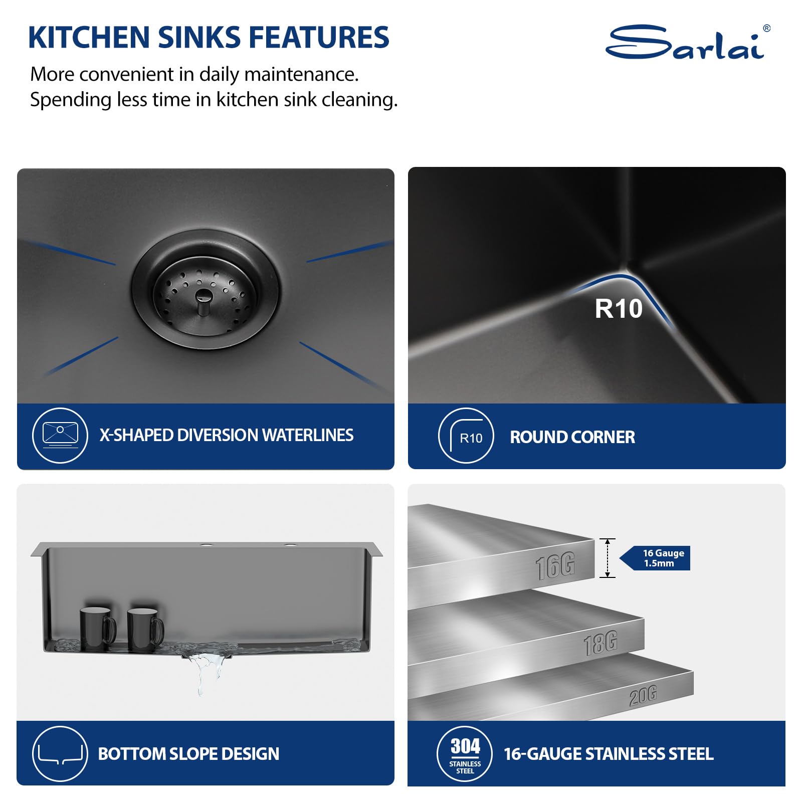 Sarlai 33x22 Inch Gunmetal Black Drop-in Single Bowl Stainless Steel Kitchen Sink