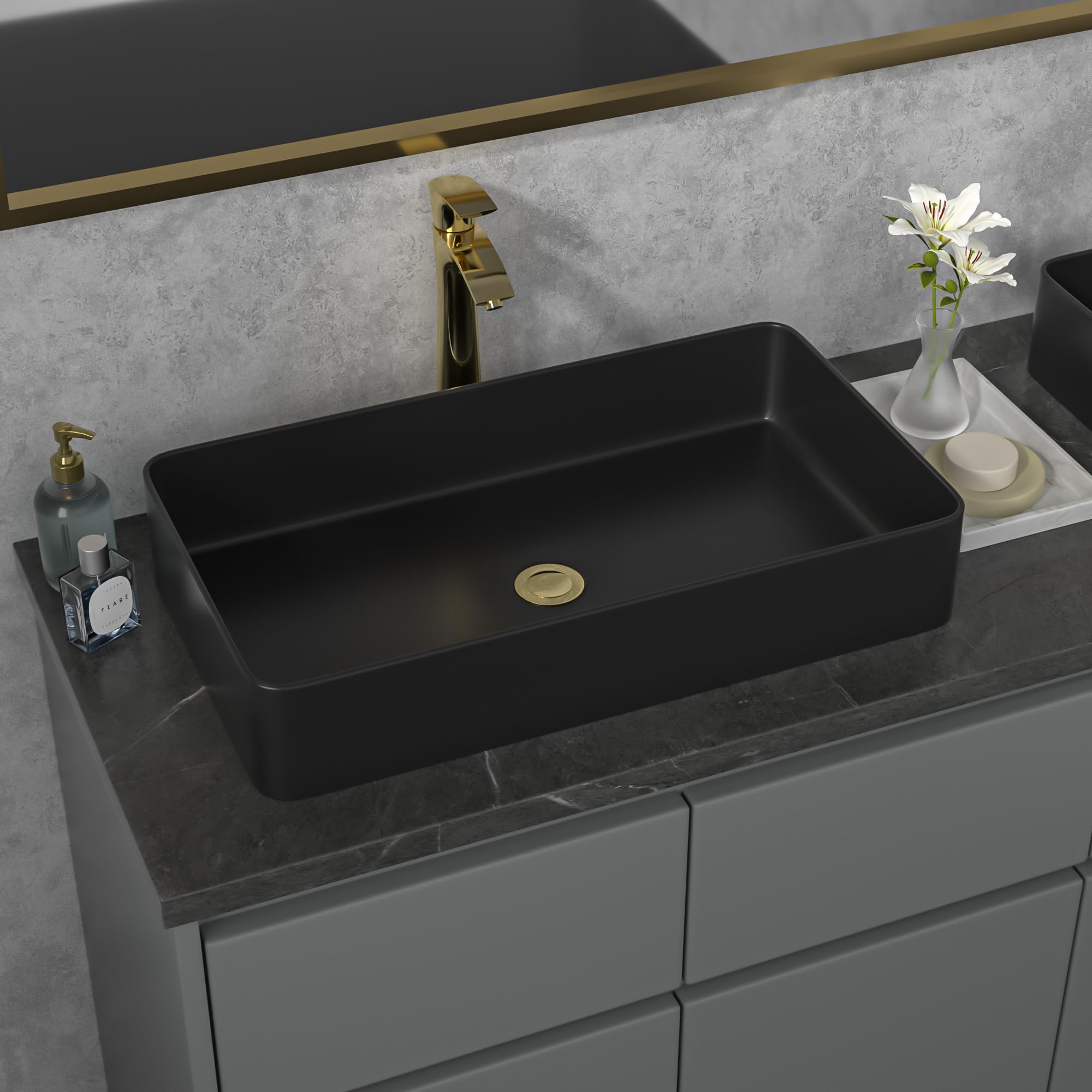 Sarlai Black Vessel Sink Rectangular - 24''x14'' Modern Bathroom Vessel Sink Rectangle Above Counter Black Ceramic Porcelain Lavatory Vanity Sink Art Basin