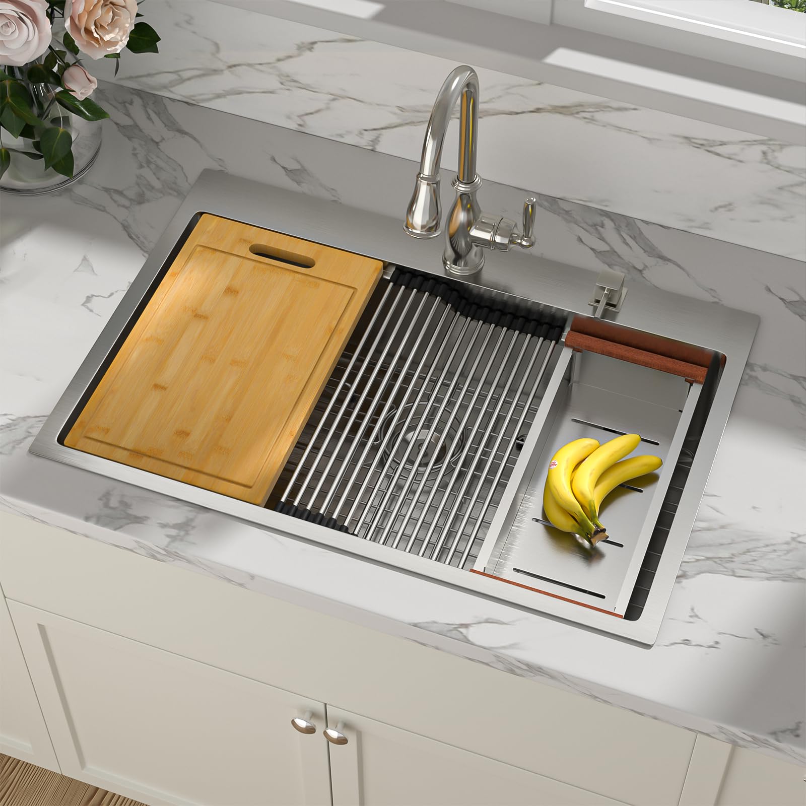 Sarlai 33'' x 22'' Drop In Single Bowl Stainless Steel Workstation Kitchen Sink with Z Shape Ledge