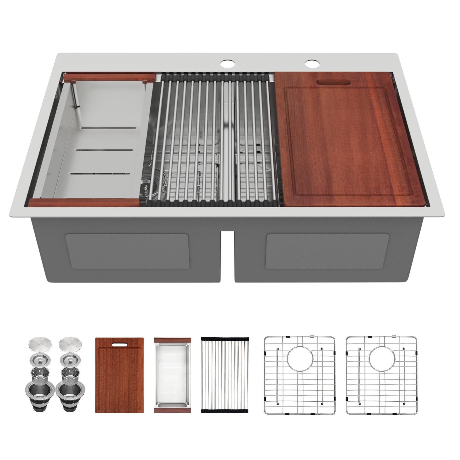 Sarlai 33in Drop In Double Bowl 50/50 Low Divide Stainless Steel Workstation Kitchen Sink