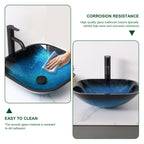Sarlai 16.75''x16.75'' Matte Black Square Tempered Glass Bathroom Vessel Sink, Countertop Basin with Faucet & Pop-up Drain Combo