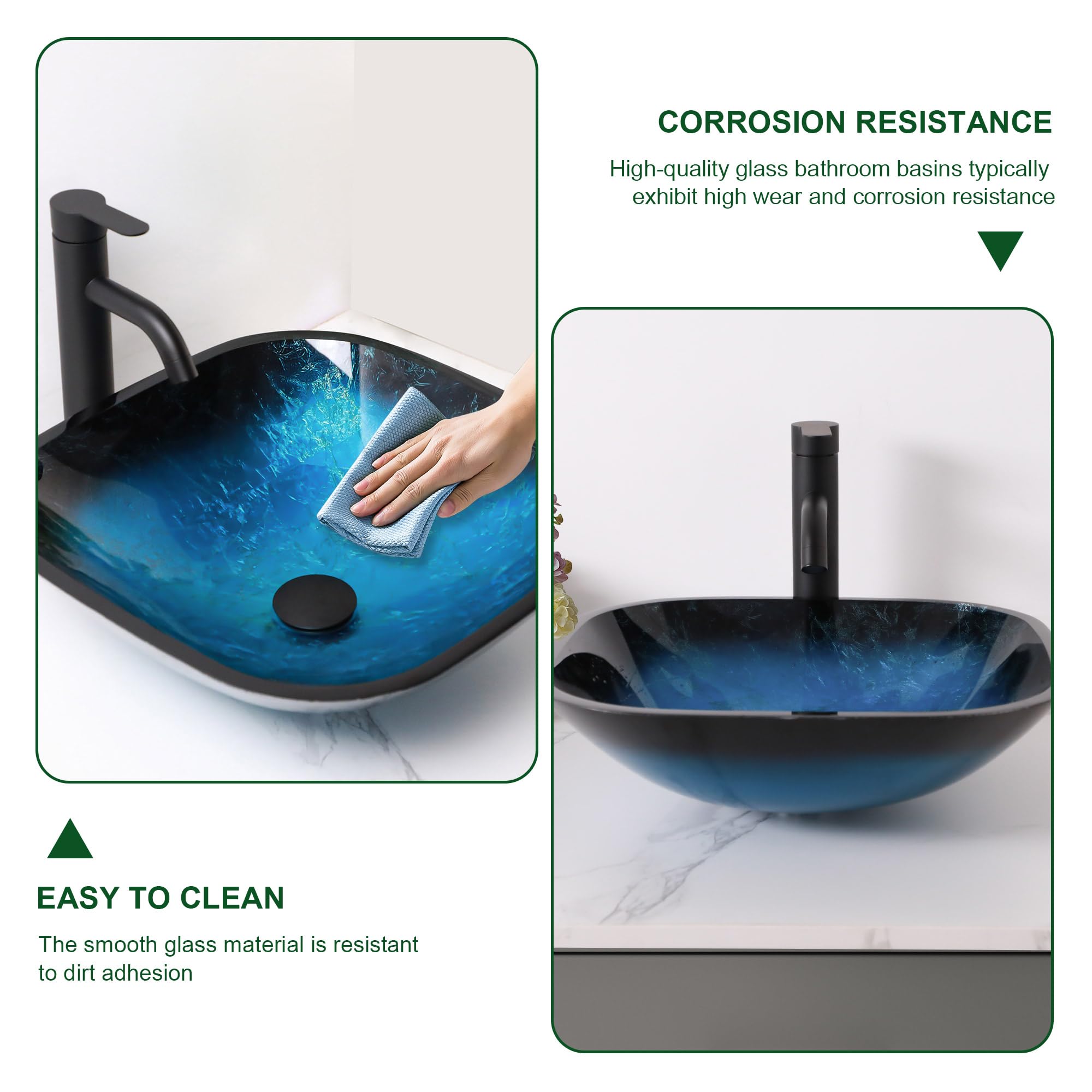 Sarlai 16.75''x16.75'' Matte Black Square Tempered Glass Bathroom Vessel Sink, Countertop Basin with Faucet & Pop-up Drain Combo