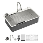 Sarlai 33''x22'' Deep Drop-In Stainless Steel Kitchen Sink, 16 Gauge Topmount Single Bowl with Cup Rinser, Soap Dispenser & Faucet