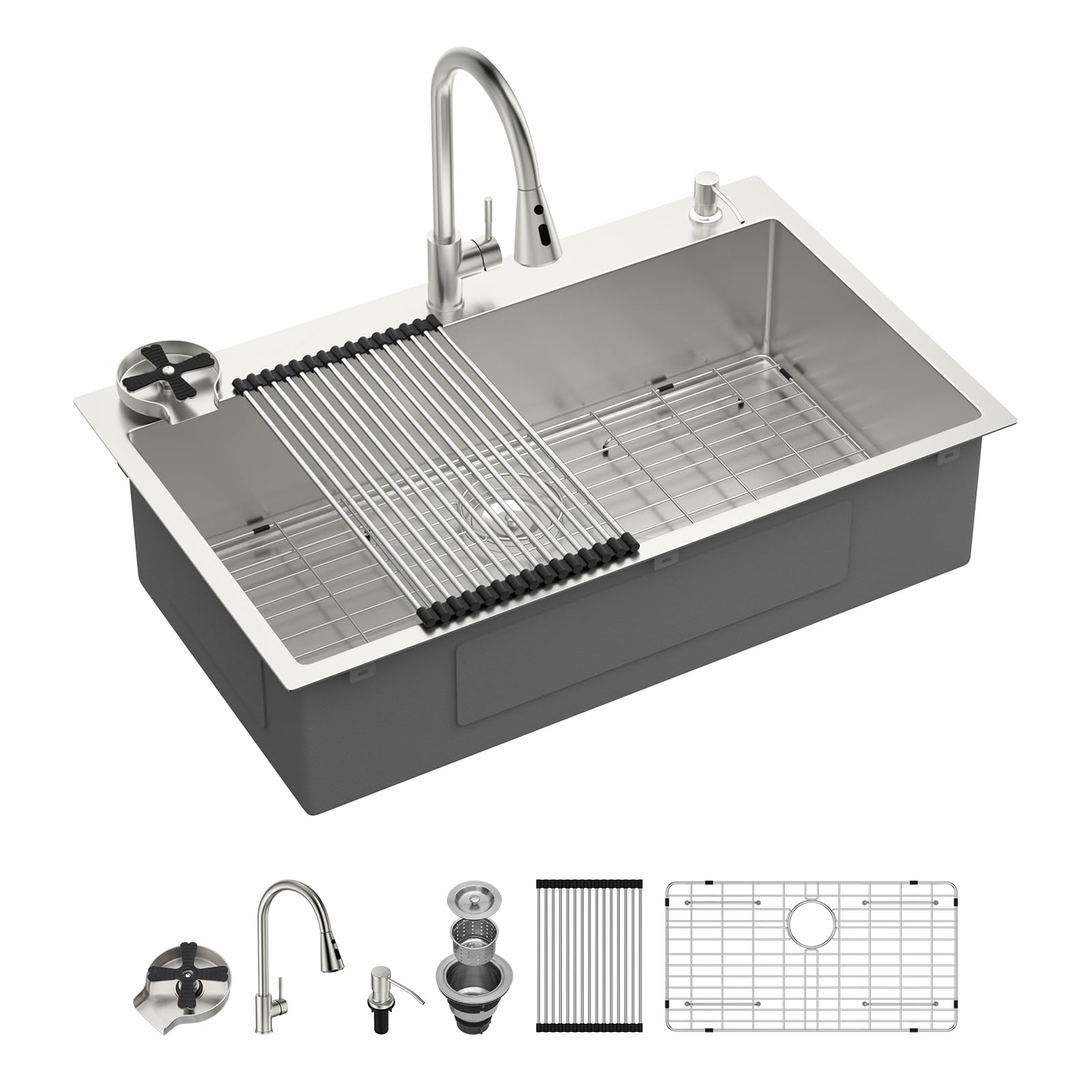 Sarlai 33''x22'' Deep Drop-In Stainless Steel Kitchen Sink, 16 Gauge Topmount Single Bowl with Cup Rinser, Soap Dispenser & Faucet