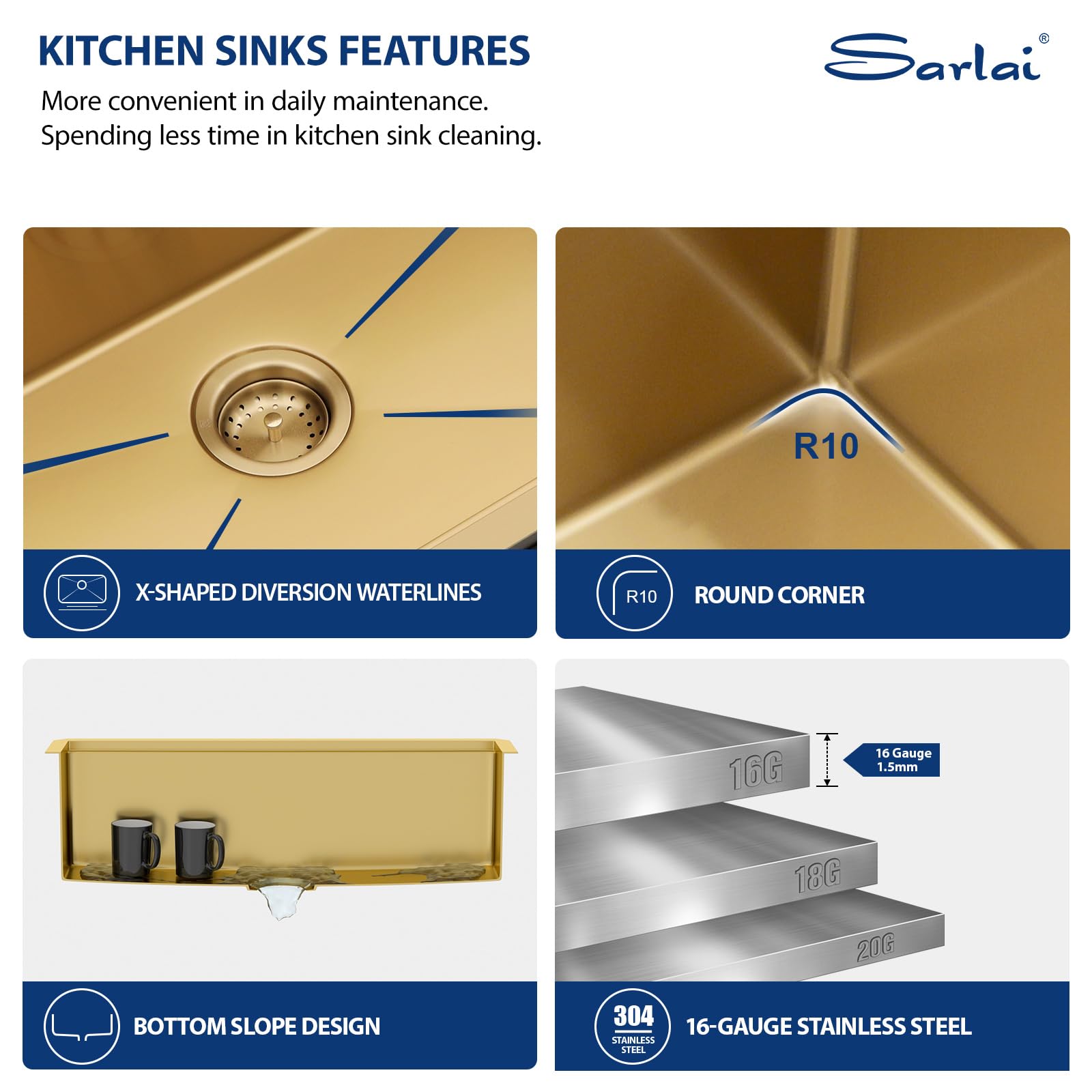 Sarlai 33''x19'' Gold Stainless Steel Undermount Kitchen Sink, 16 Gauge Deep Single Bowl Workstation Rectangular Basin