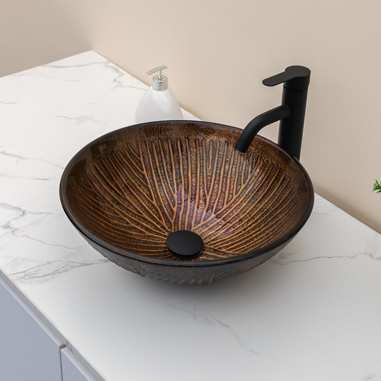 Sarlai 16.5''x16.5'' Brown Round Tempered Glass Bathroom Vessel Sink, Countertop Basin with Pop-up Drain Combo Secondary image