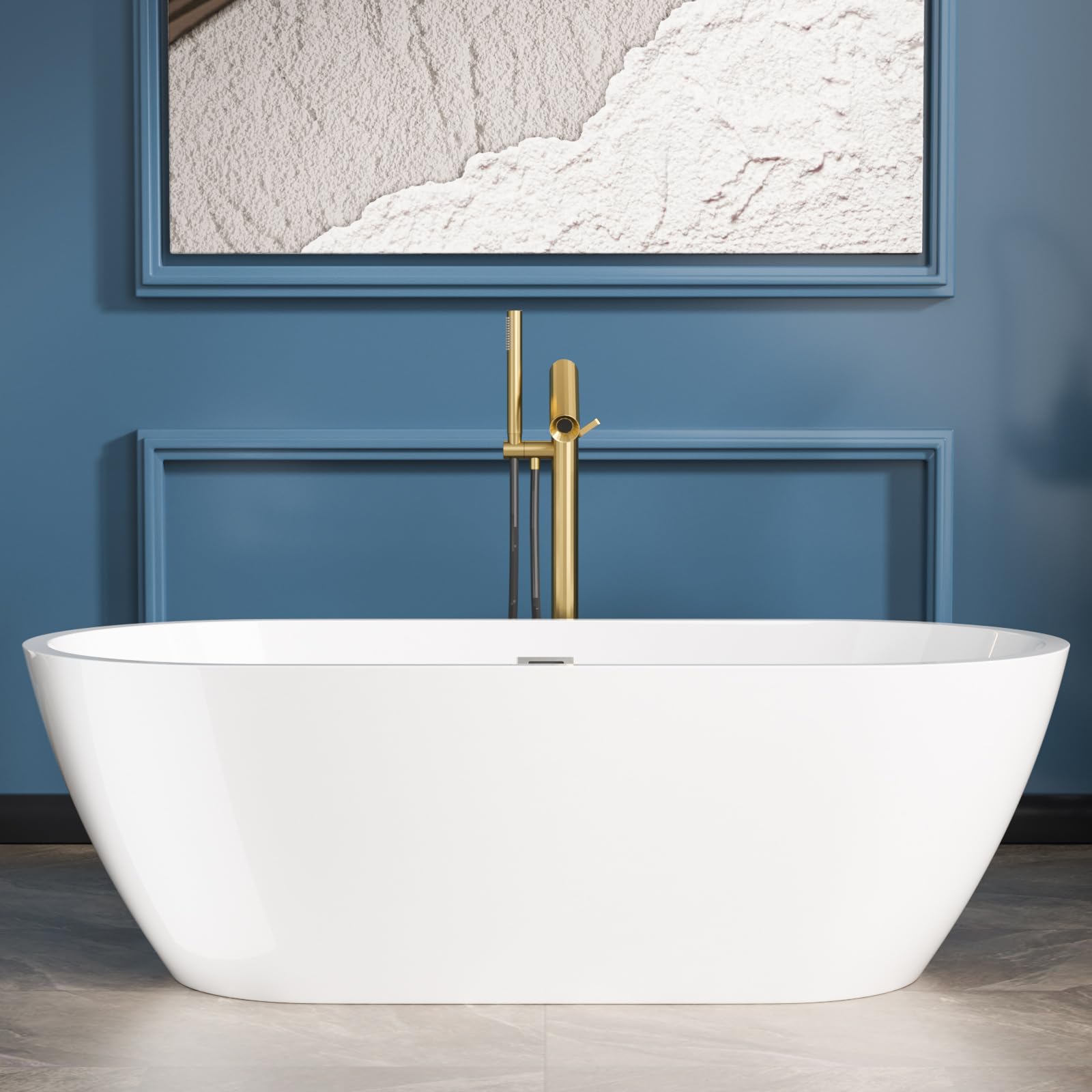 Sarlai Modern Oval White Acrylic Freestanding Bathtub with Chrome Drain and Overflow