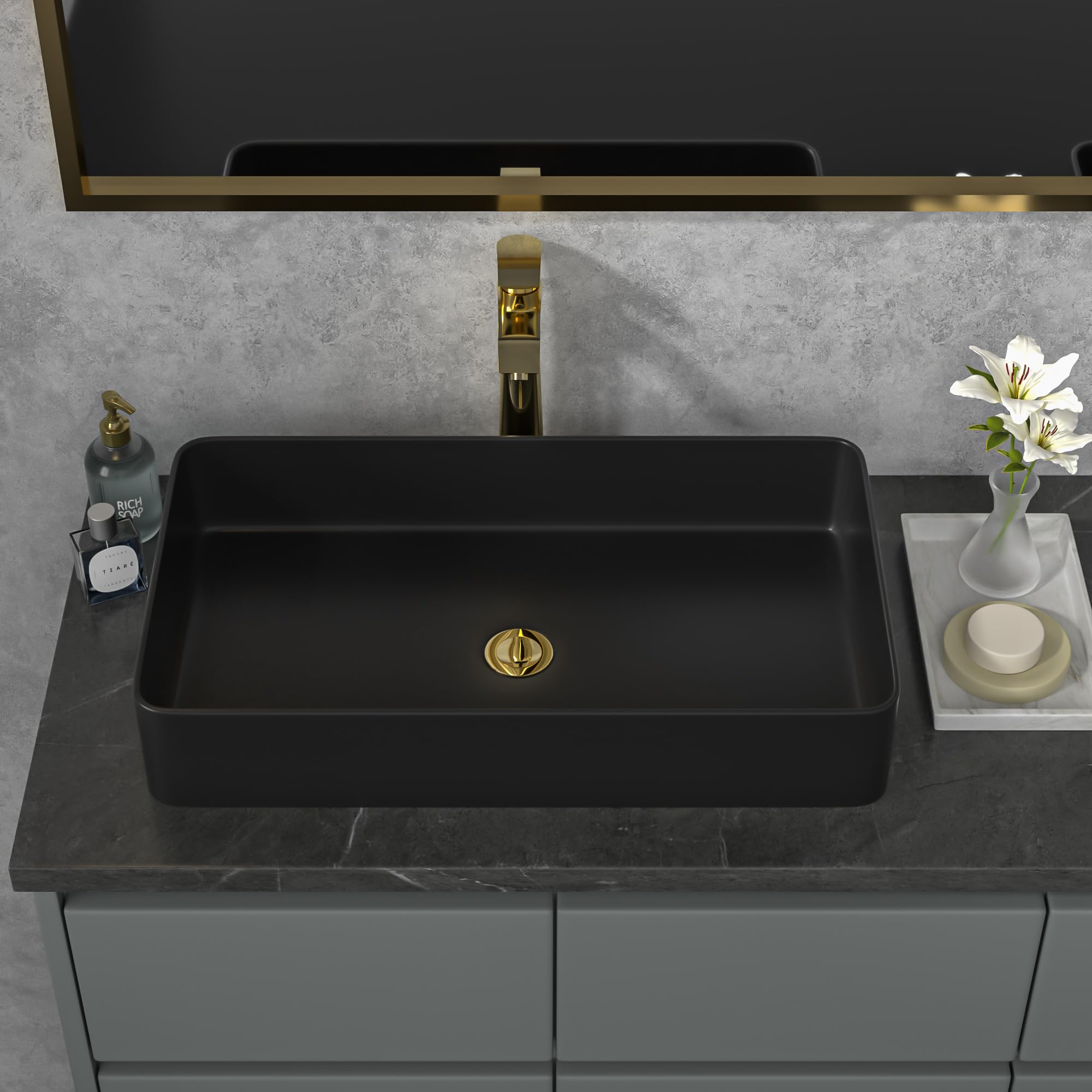 Sarlai Black Vessel Sink Rectangular - 24''x14'' Modern Bathroom Vessel Sink Rectangle Above Counter Black Ceramic Porcelain Lavatory Vanity Sink Art Basin