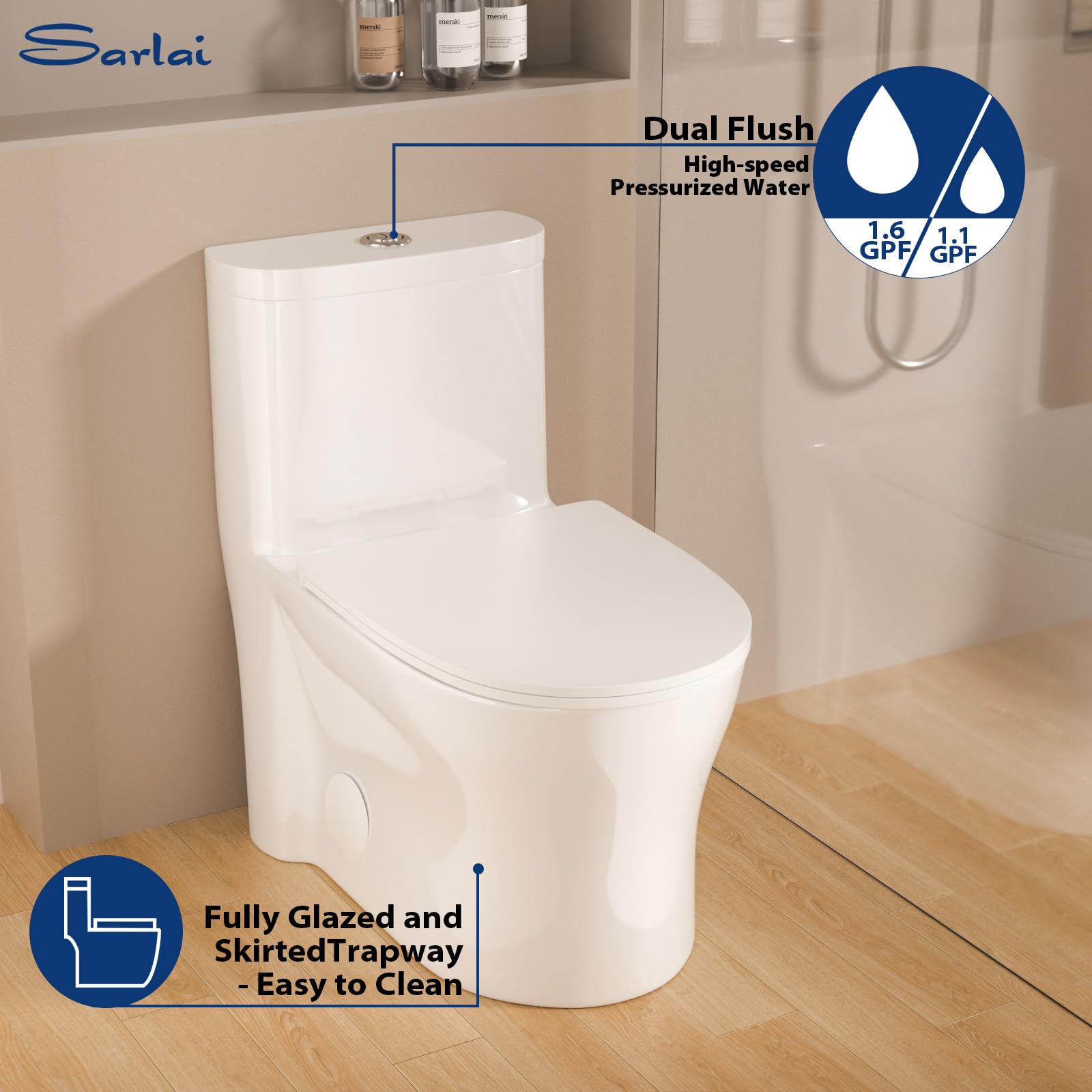 Sarlai One Piece Elongated ADA Height 17.3'' Comfort Chair Toilet, Dual Flush 1.1/1.6 GPF White Ceramic, 12'' Rough-In