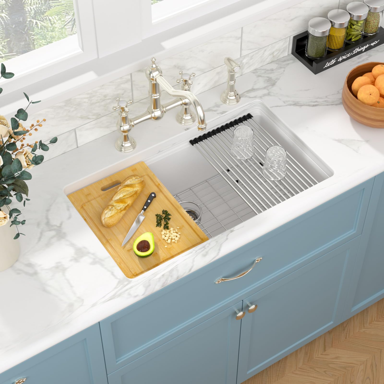 Sarlai 33in White Granite Composite Quartz Undermount Single Bowl Workstation Kitchen Sink