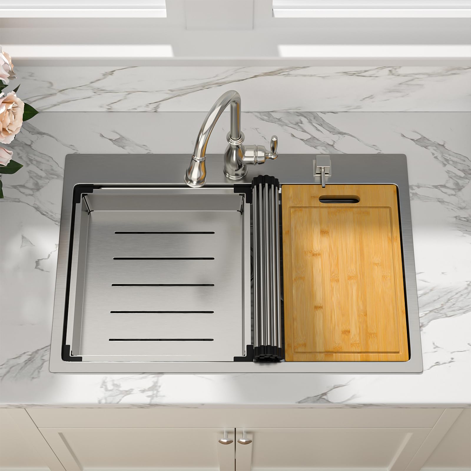 Sarlai 33'' x 22'' Drop In Double Ledges Design Workstation Kitchen Sink