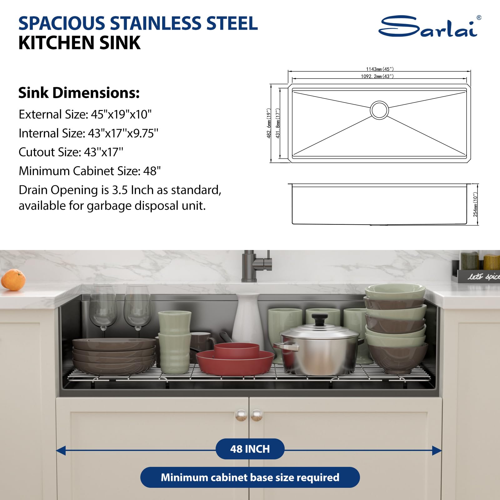 Sarlai 45'' Gunmetal Black NANO-PVD Undermount Workstation Kitchen Sink, 16 Gauge Stainless Steel Round Corner Single Bowl Basin