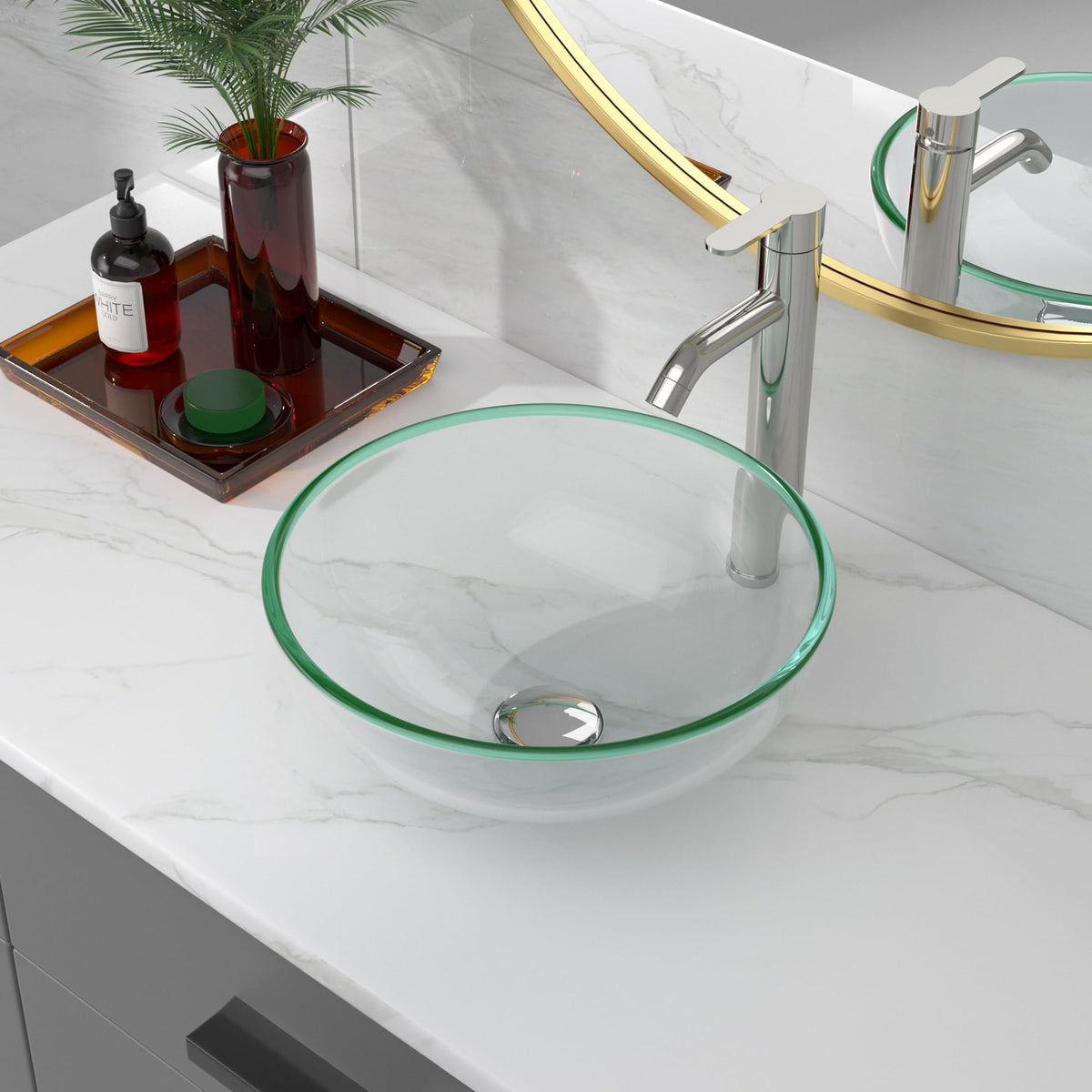 Sarlai 16.5''x16.5'' Transparent Round Tempered Glass Bathroom Vessel Sink, Countertop Basin with Faucet & Pop-up Drain Combo Main image