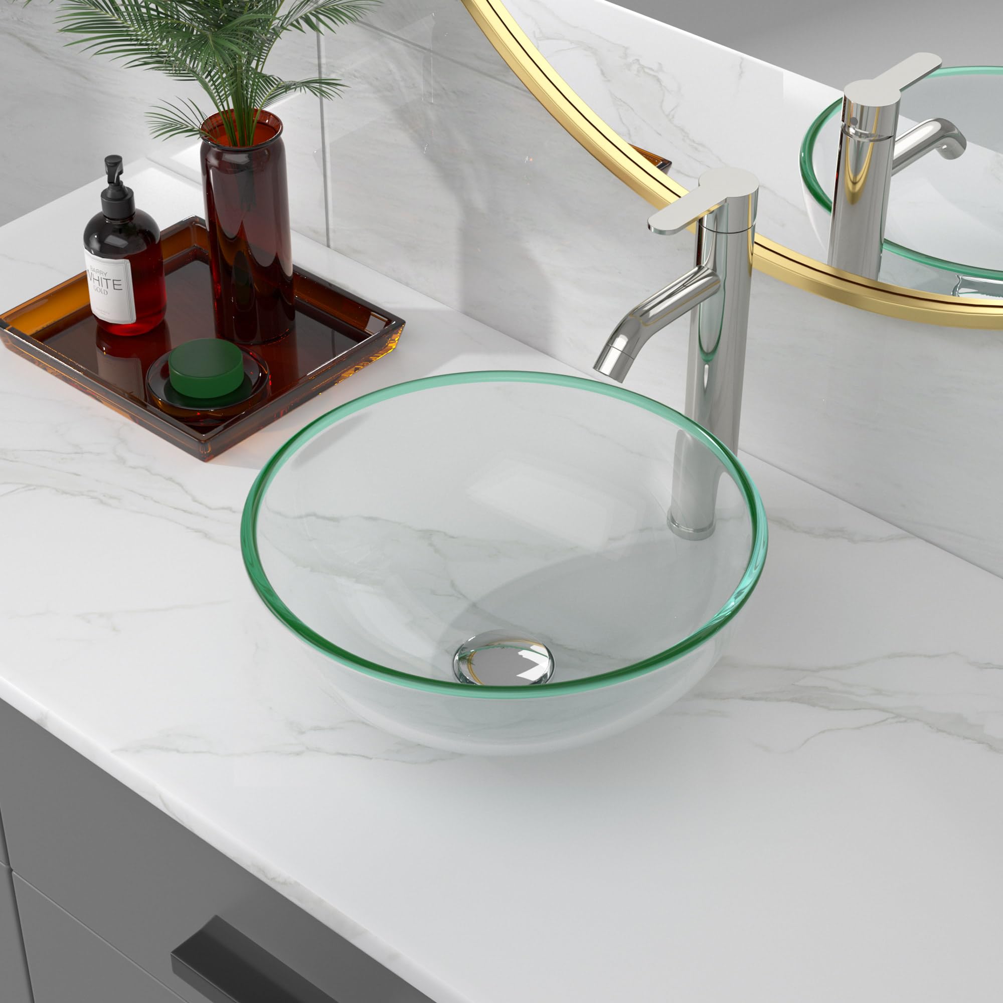 Sarlai 16.5''x16.5'' Transparent Round Tempered Glass Bathroom Vessel Sink, Countertop Basin with Faucet & Pop-up Drain Combo