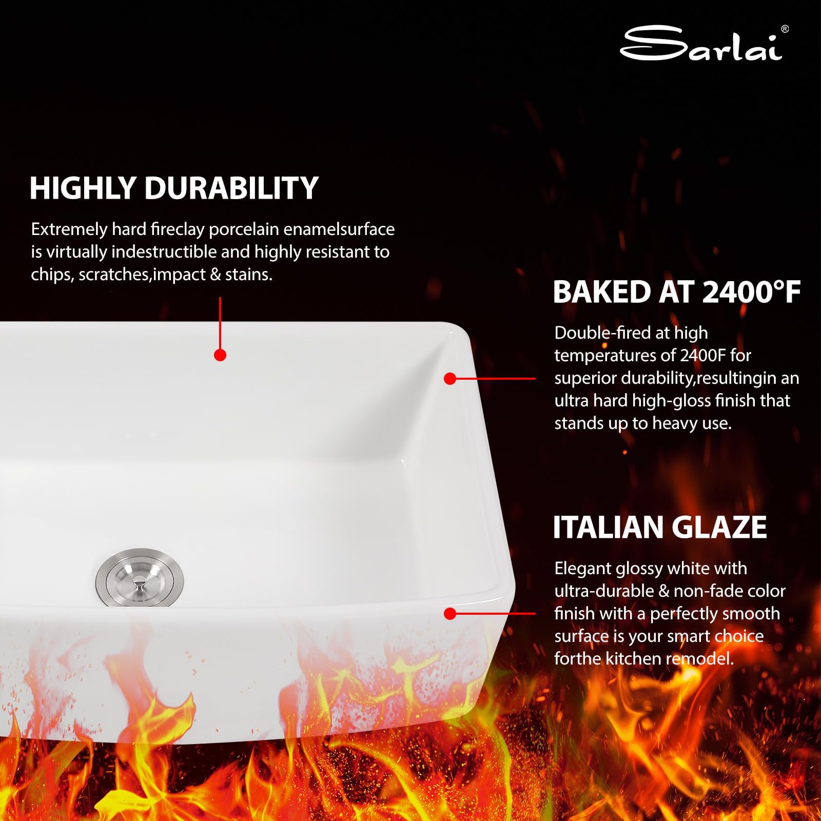 Sarlai 33''x19'' Curved Apron Front White Vitreous Fireclay Farmhouse Sink, Single Bowl Porcelain Ceramic Farm Kitchen Basin
