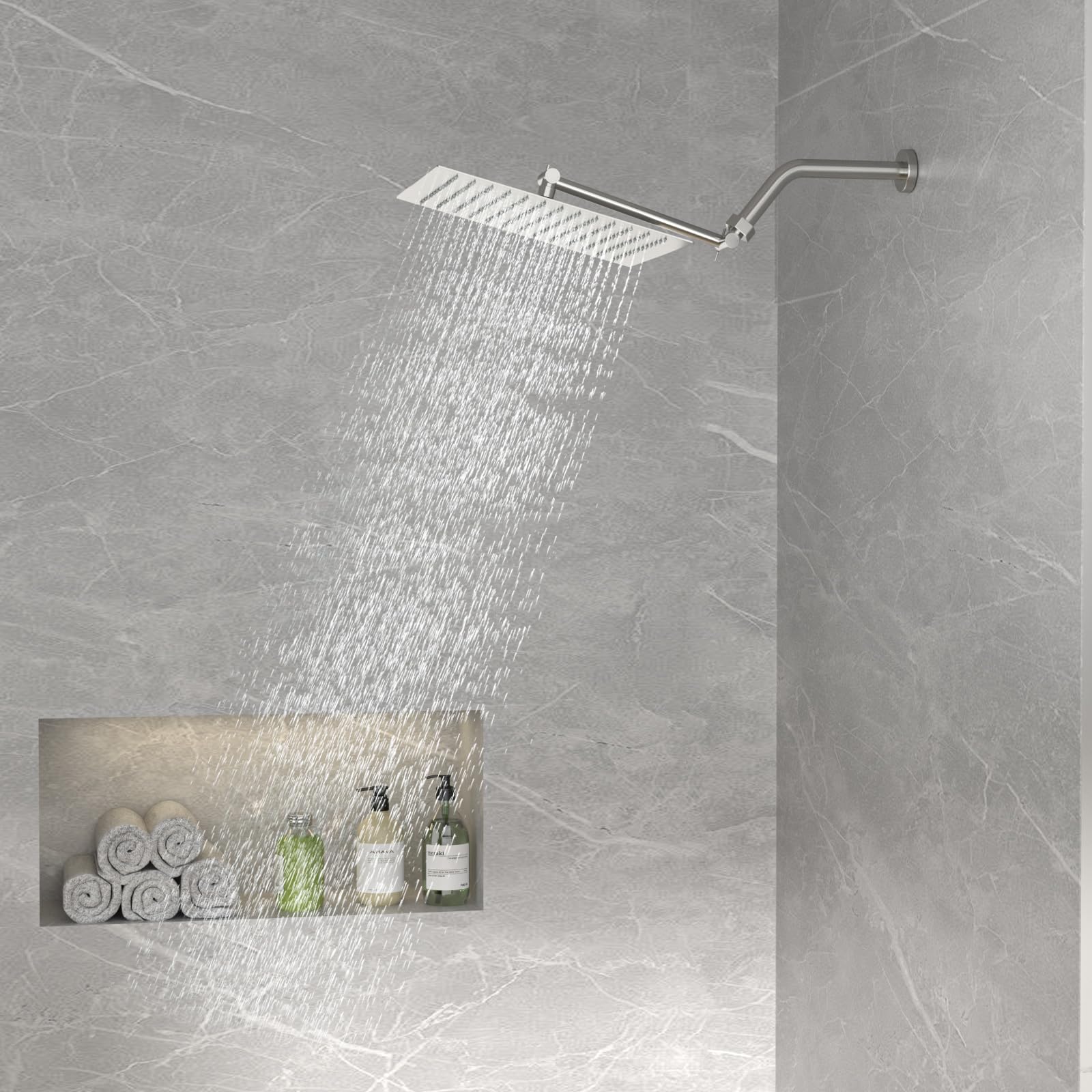 Sarlai 12'' Solid Square Ultra Thin 304 Stainless Steel Rain Shower Head, Brushed Nickel Finish with 11'' Solid Brass Adjustable Extension Shower Arm