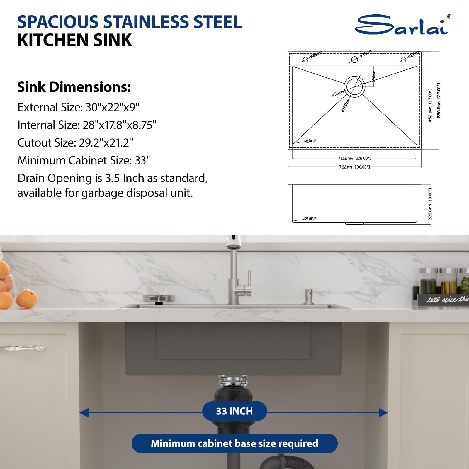 Sarlai 30''x22'' Deep Drop-In Stainless Steel Kitchen Sink, 16 Gauge Topmount Single Bowl with Cup Rinser, Soap Dispenser & Faucet