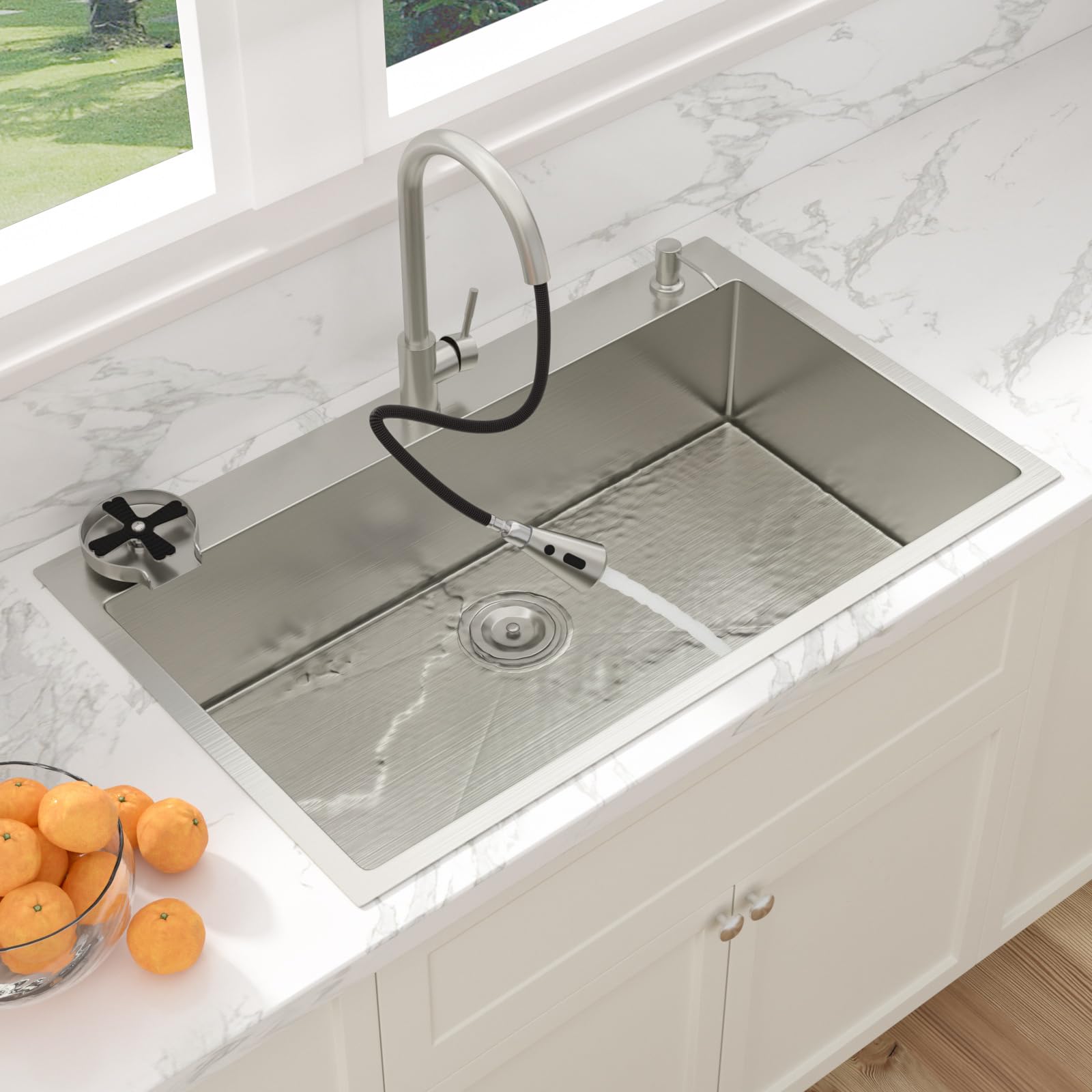 Sarlai 33''x22'' Deep Drop-In Stainless Steel Kitchen Sink, 16 Gauge Topmount Single Bowl with Cup Rinser, Soap Dispenser & Faucet