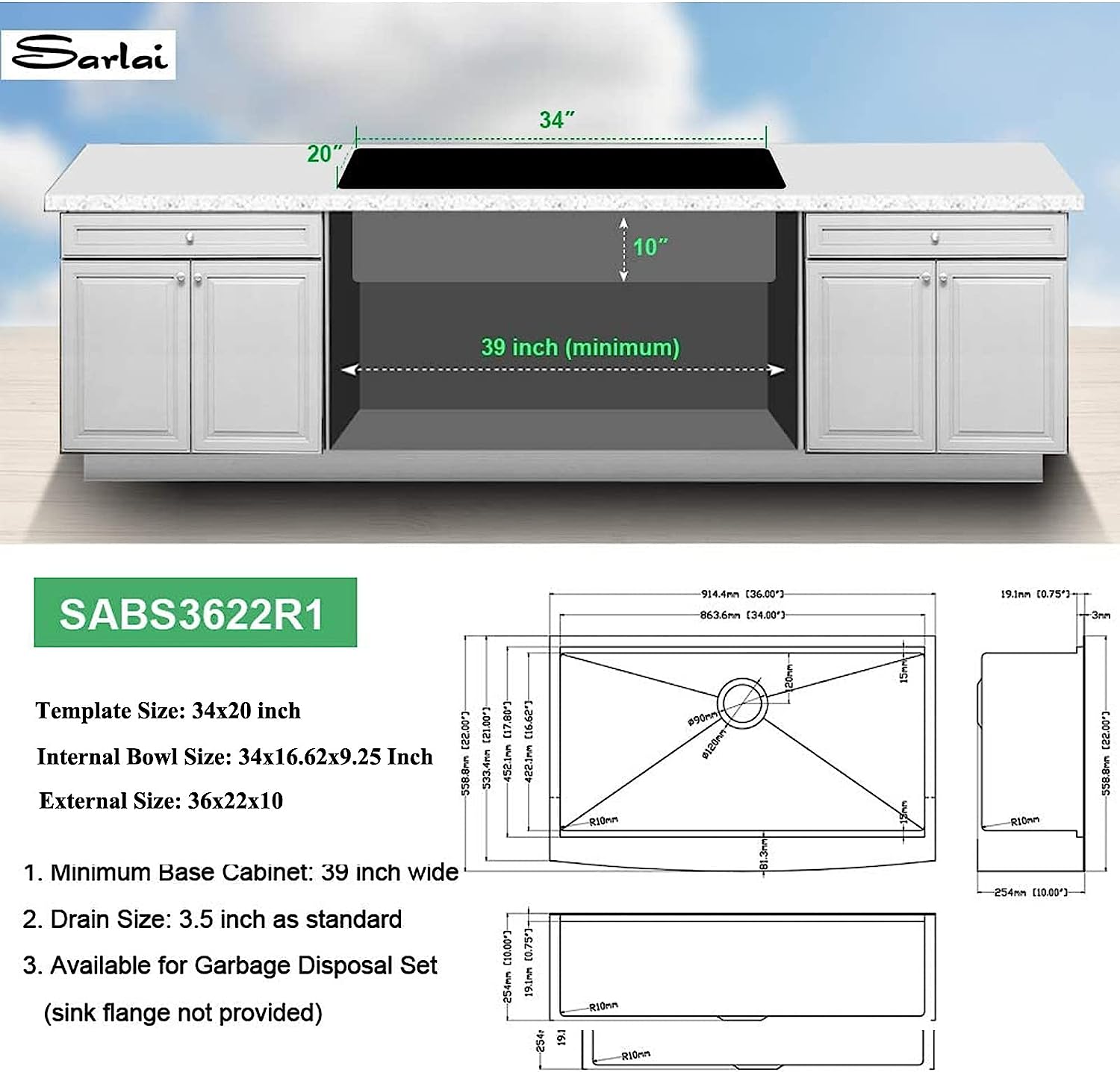 Sarlai 36'' x 22'' Black Stainless Steel Apron Front Workstation Farmhouse Sink