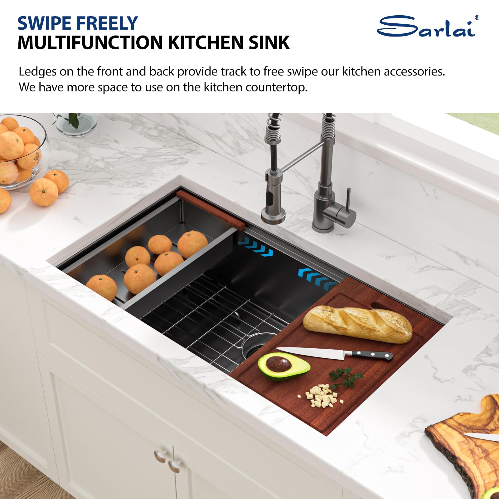 Sarlai 30in Undermount Gunmetal Black Single Bowl Stainless Steel Workstation Kitchen Sink