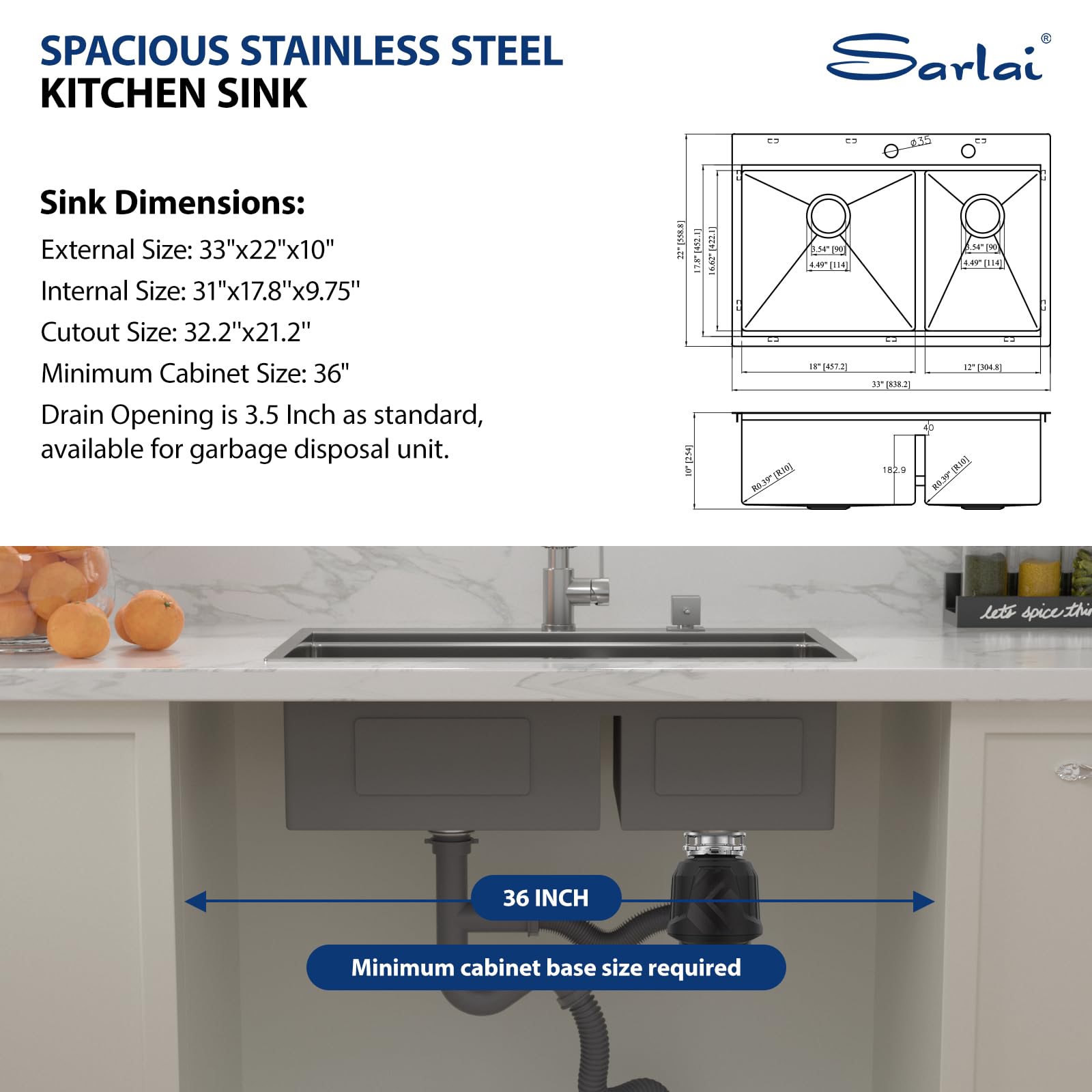 Sarlai 33'' x 22'' Topmount Double Bowl 60/40 Workstation Stainless Steel Kitchen Sink