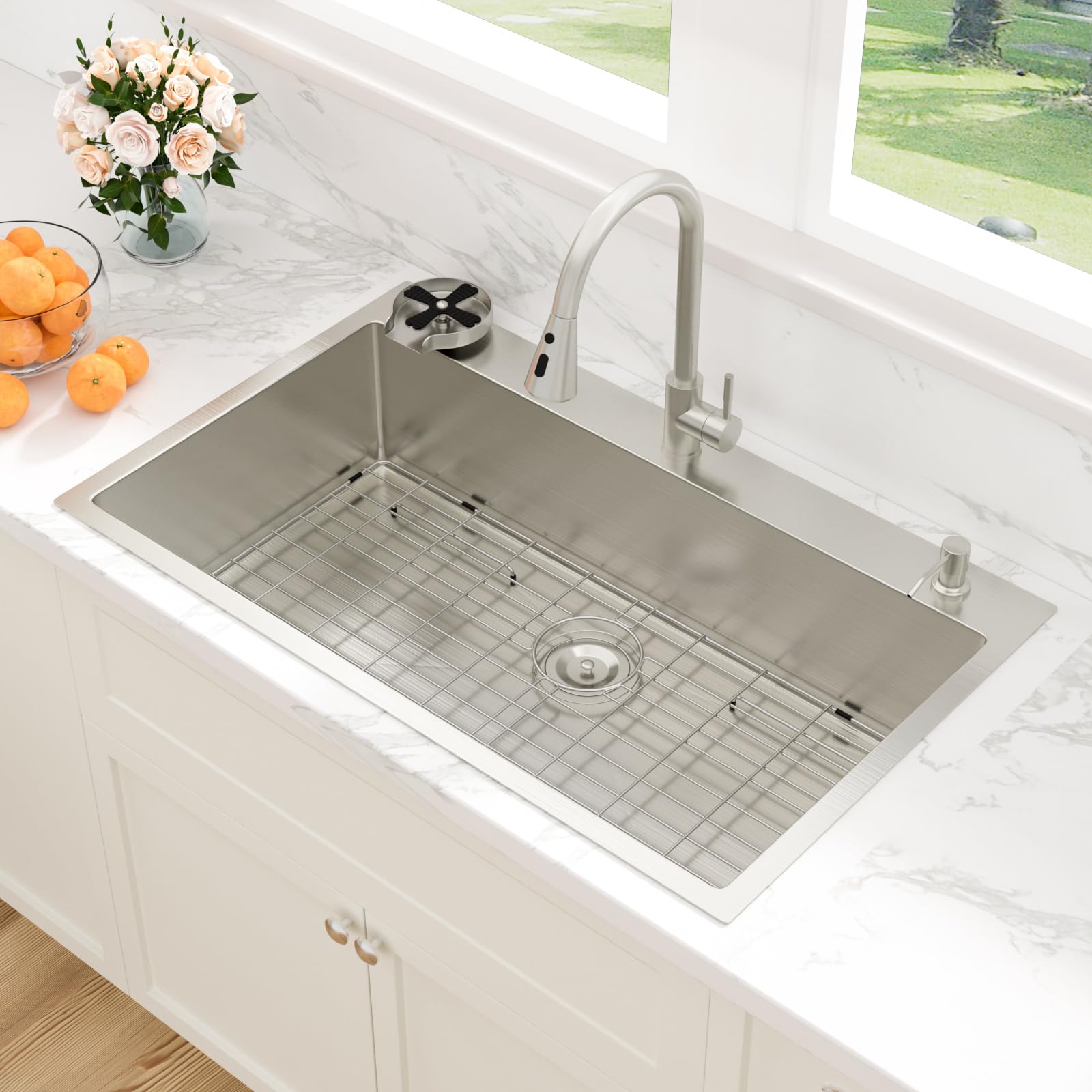 Sarlai 33''x22'' Deep Drop-In Stainless Steel Kitchen Sink, 16 Gauge Topmount Single Bowl with Cup Rinser, Soap Dispenser & Faucet