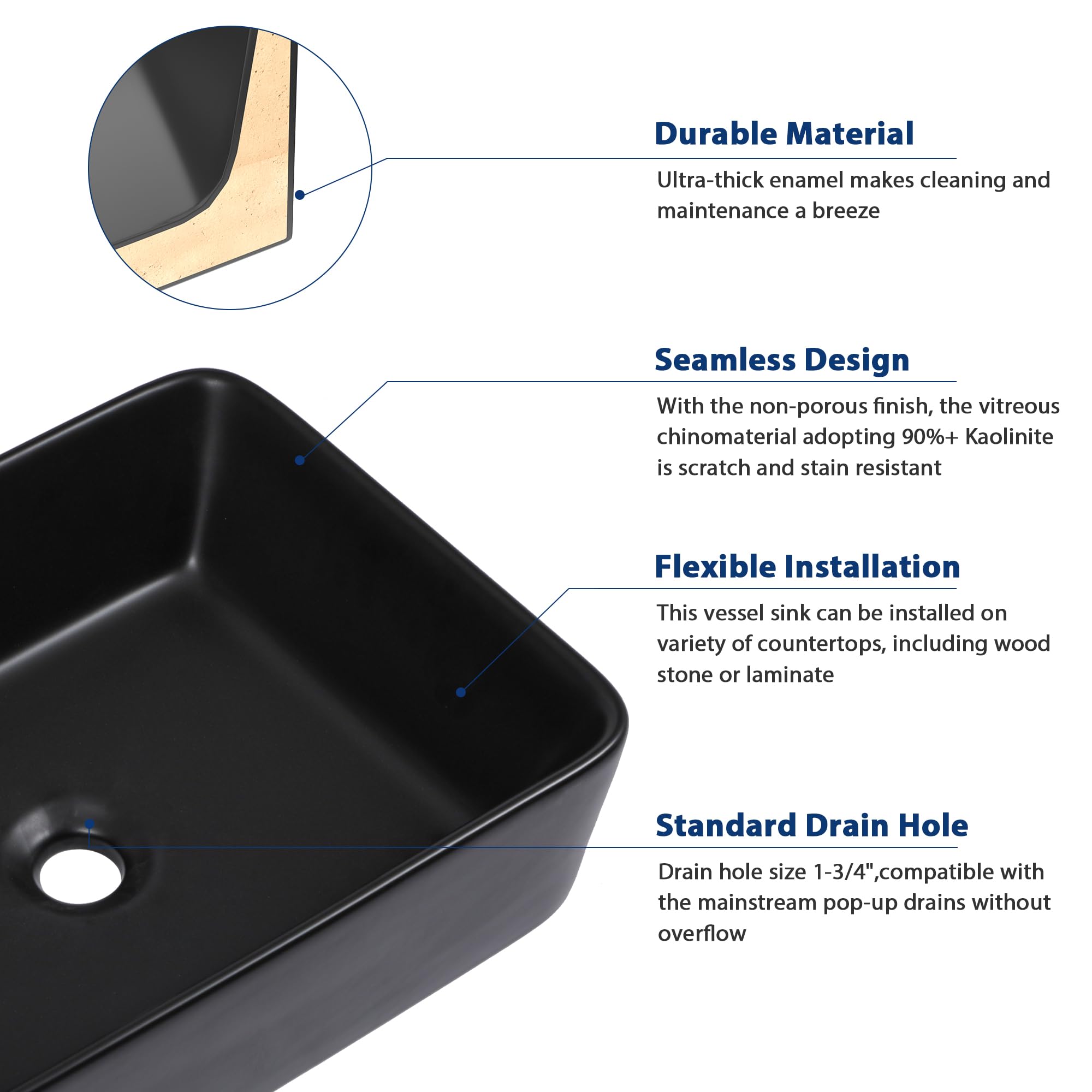 Sarlai 19''x15'' Above Counter Rectangular Black Porcelain Ceramic Bathroom Vessel Sink