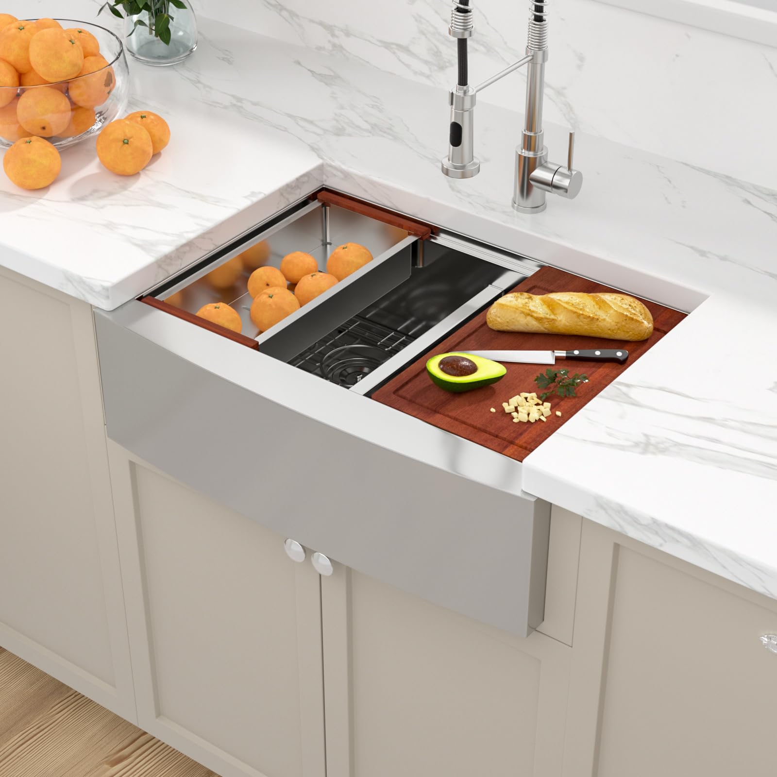 Sarlai 30in Double Bowl Apron Front Stainless Steel Workstation Kitchen Farm Sink
