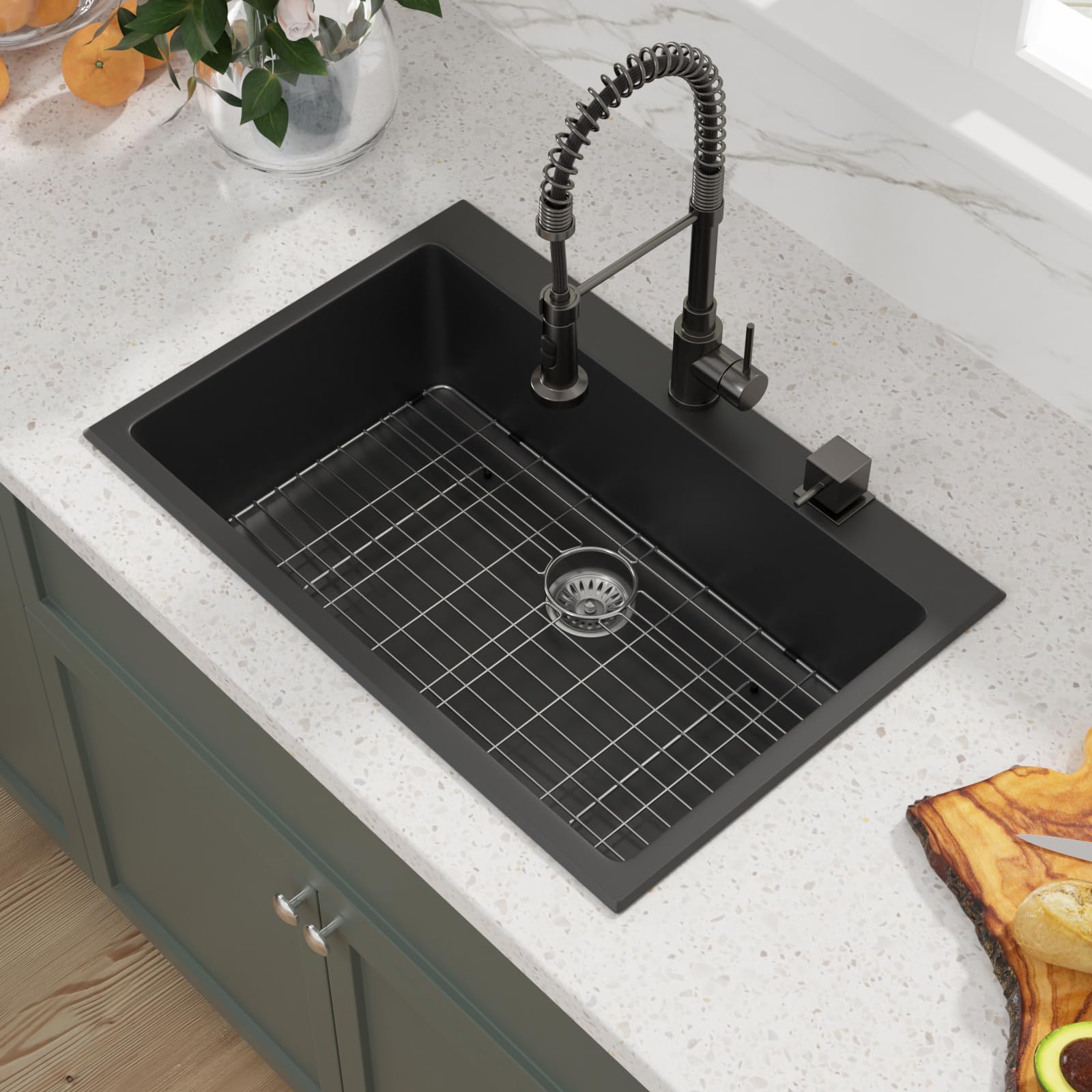 Sarlai 33in Drop In Matte Black Single Bowl Granite Quartz Composite Kitchen Sink