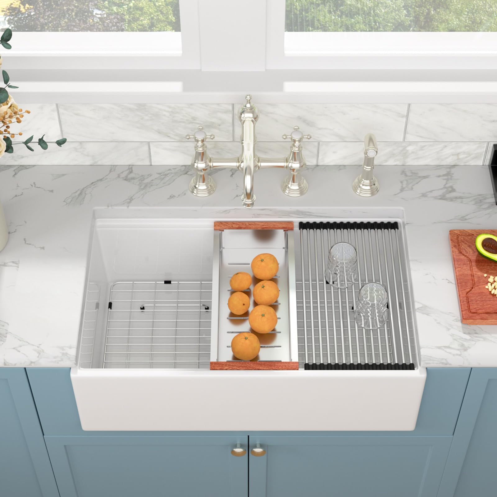 Sarlai 33''x20'' Workstation White Fireclay Farmhouse Sink, Apron Front Undermount Single Bowl Porcelain Kitchen Farmer Sink Secondary image