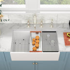 Sarlai 33''x20'' Workstation White Fireclay Farmhouse Sink, Apron Front Undermount Single Bowl Porcelain Kitchen Farmer Sink
