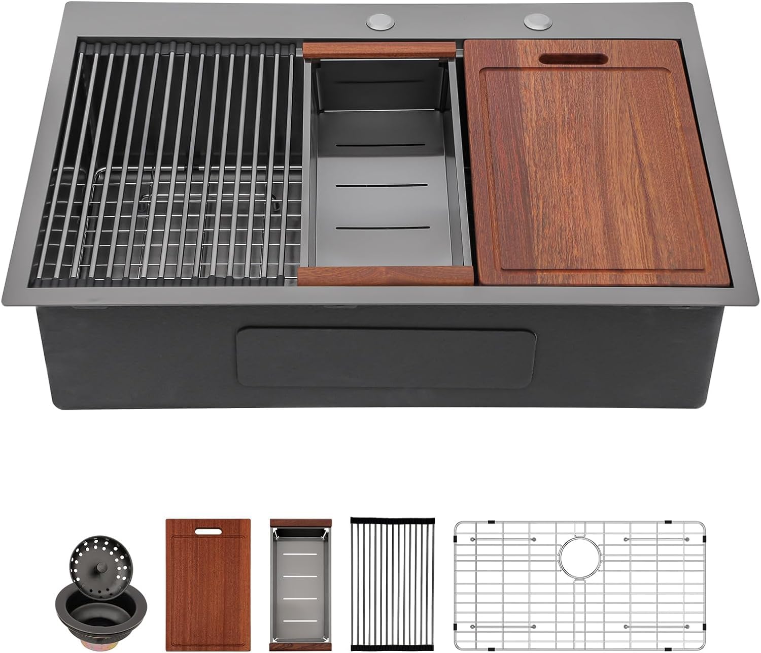 Sarlai 33in Black Drop In Single Bowl Stainless Steel Workstation Kitchen Sink Main image