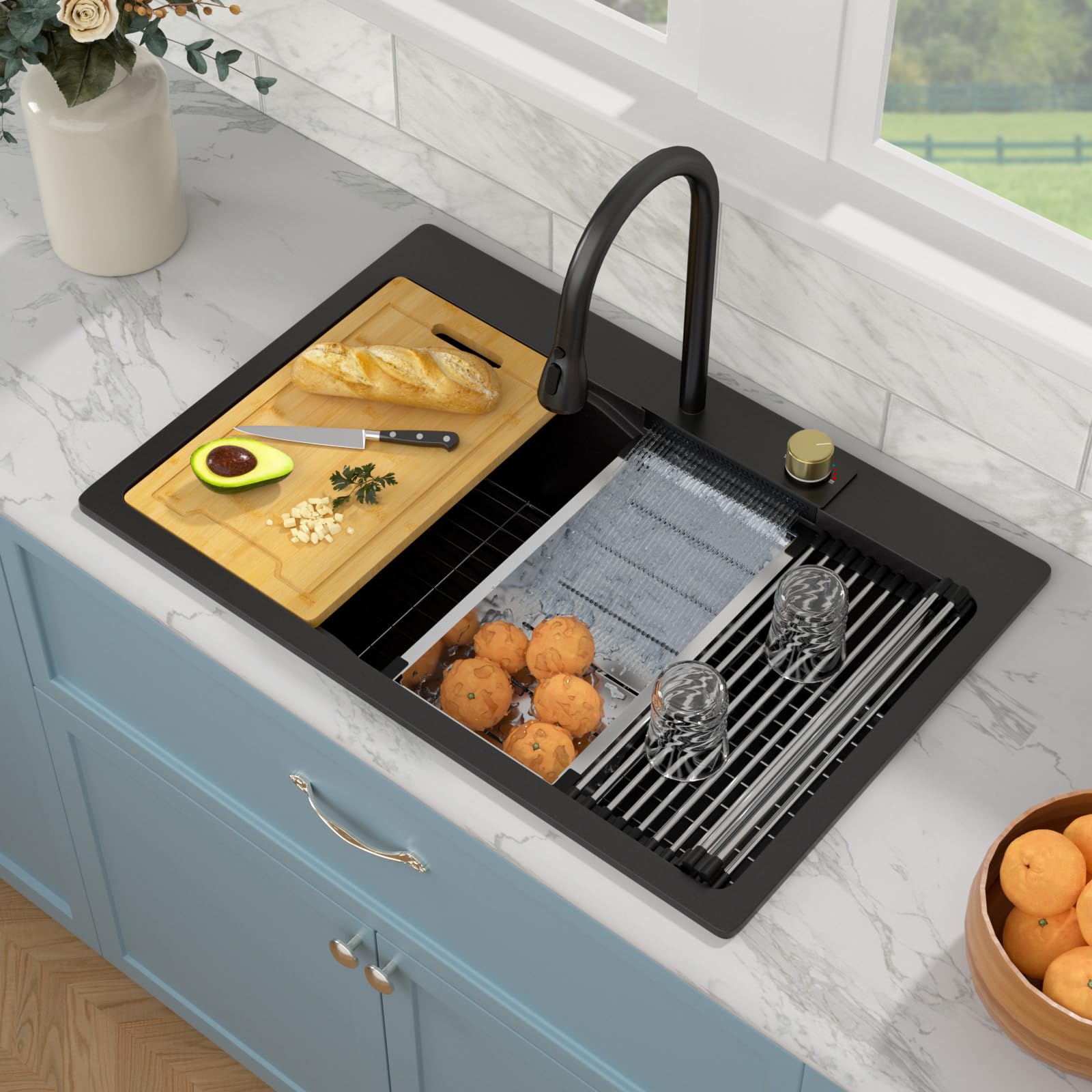 Sarlai 33'' x 22'' Black Quartz Drop-in Waterfall Single Bowl Workstation Kitchen Sink