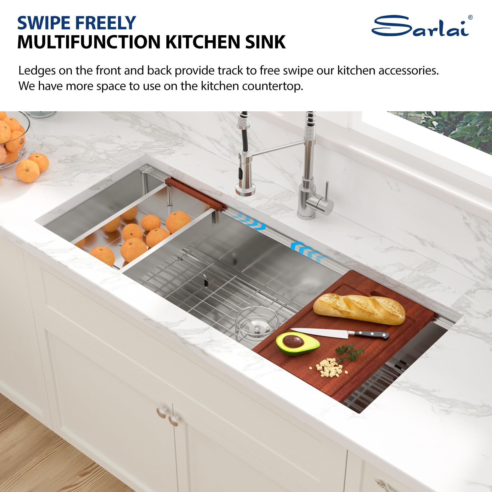 Sarlai 45''x19'' Extra Large Undermount Workstation Kitchen Sink, 16 Gauge Stainless Steel Deep Single Bowl Under Counter Basin