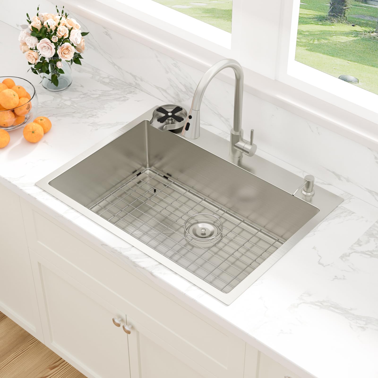 Sarlai 30''x22'' Deep Drop-In Stainless Steel Kitchen Sink, 16 Gauge Topmount Single Bowl with Cup Rinser, Soap Dispenser & Faucet
