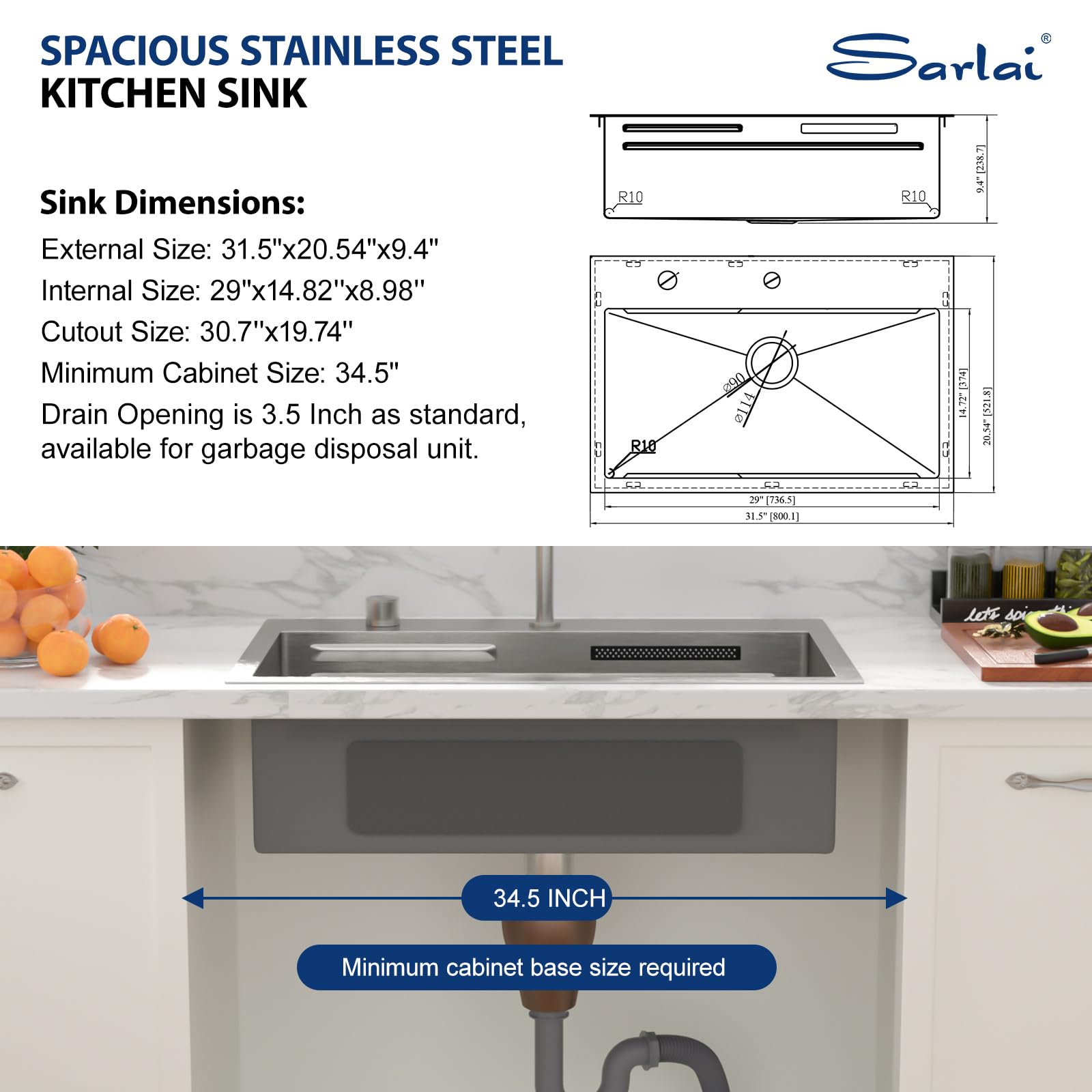 Sarlai 31'' Stainless Steel Topmount Single Bowl Waterfall Workstation Kitchen Sink
