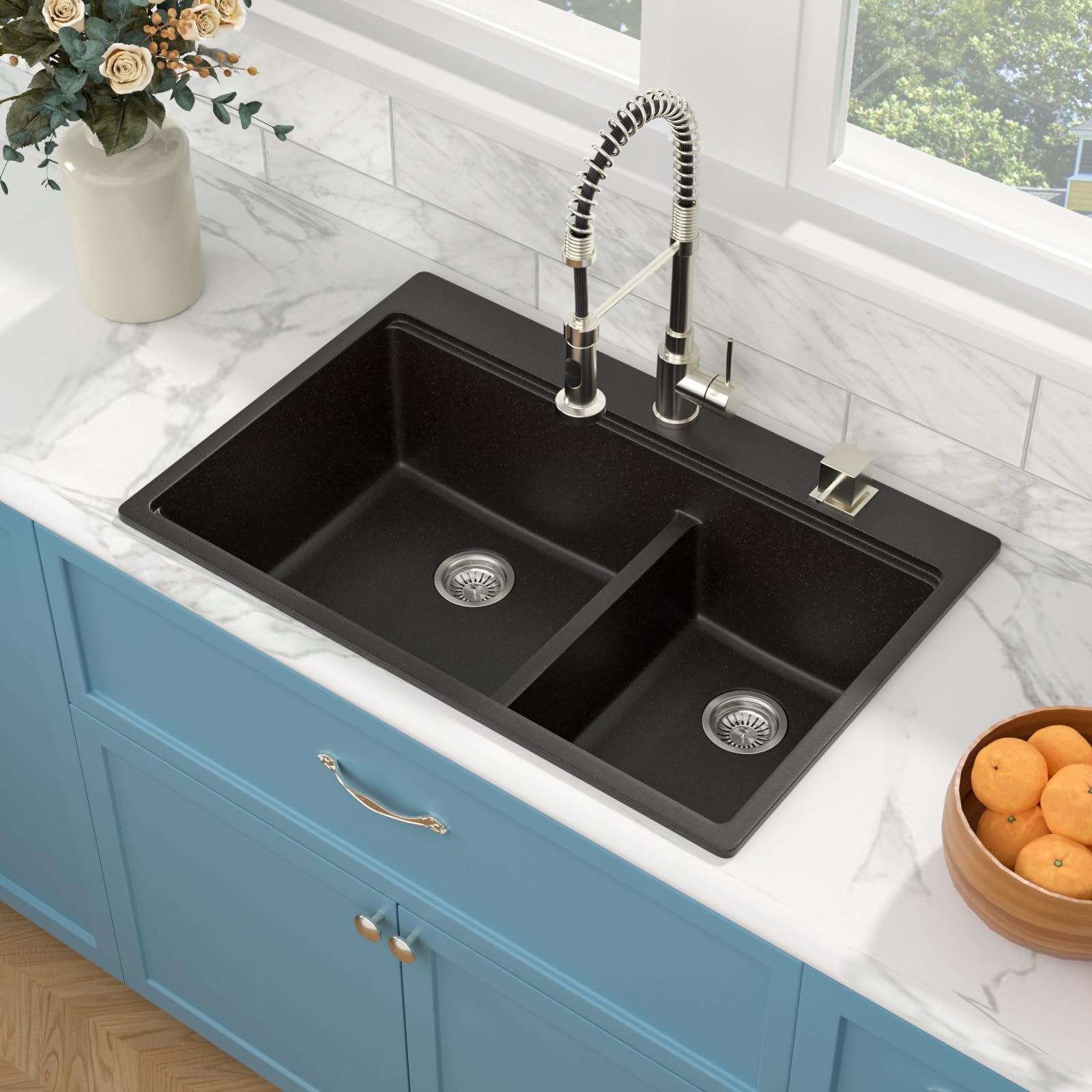Sarlai 33''x22'' 60/40 Low Divide Double Bowl Black Granite Composite Kitchen Sink, Drop-In Ledge Workstation Quartz Composite Above Counter Basin