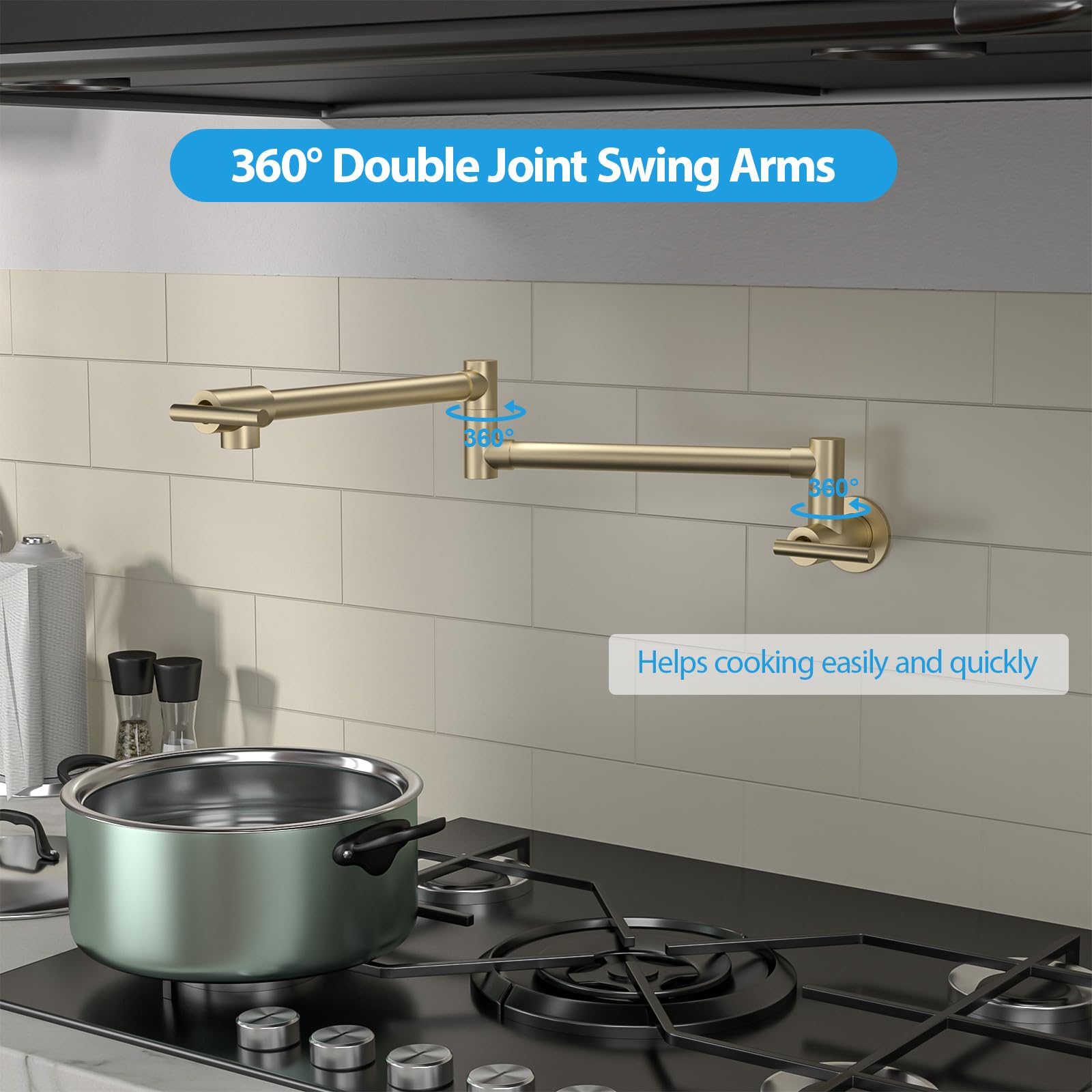 Sarlai Wall Mounted Folding Two Handle Pot Filler Gold Stainless Steel Kitchen Sink Faucet