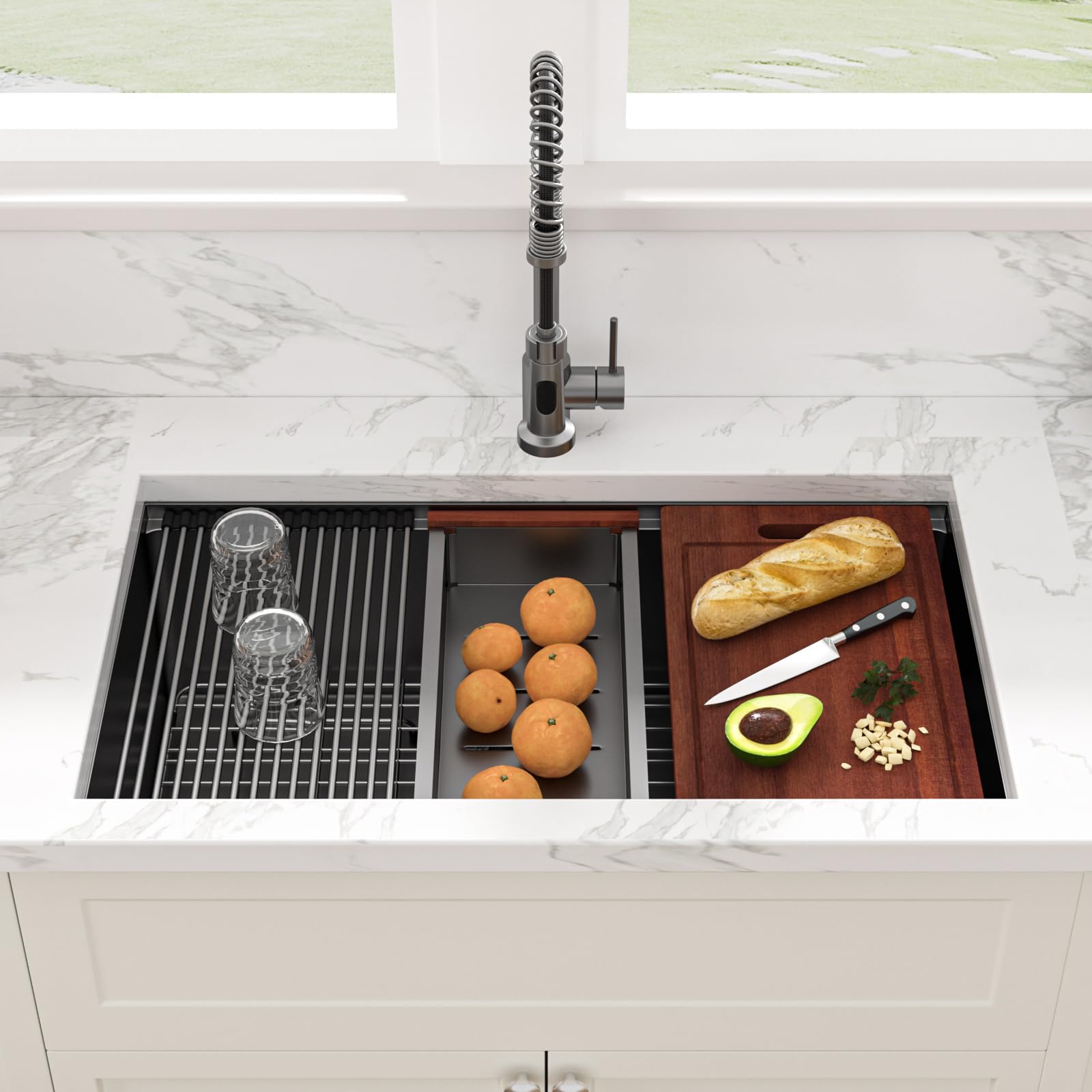 Sarlai 30in Undermount Gunmetal Black Single Bowl Stainless Steel Workstation Kitchen Sink